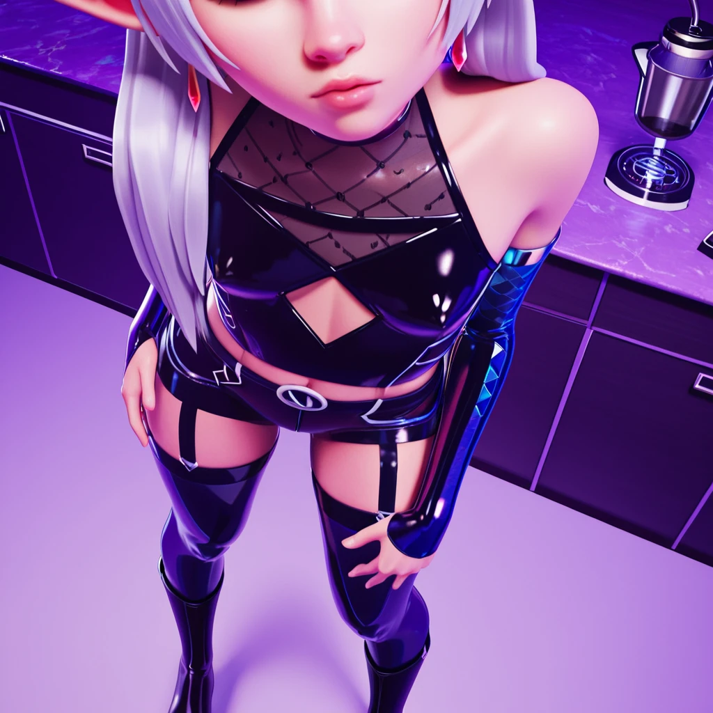 a beautiful elf woman, light blonde hair in a ponytail, beautiful blue eyes, busty dominatrix wearing a thick diaper, inflation, latex rubber catsuit, rainbow hair, woman, happy detailed face, seductive, aroused, ahego, sitting on an inflatable chair, soft lighting, holding her breasts, (inflatables, inflatables, pool inflatables, latex inflatables, sitting on inflatables), (colorful overhead light), (hanging string lights), bokeh