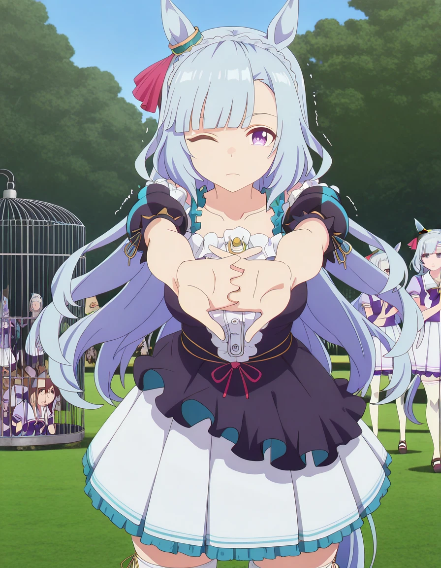 masterpiece, best quality, amazing quality,, <lora:mejiro-ardan-s1-illustriousxl-lora-nochekaiser:1>, mejiro ardan, mejiro ardan (umamusume), long hair, animal ears, blue hair, purple eyes, braid, horse ears, horse girl, crown braid, mature female, breasts, anime screencap, shirt, skirt, thighhighs, bow, short sleeves, pleated skirt, puffy sleeves, bowtie, sailor collar, white thighhighs, puffy short sleeves, white skirt, purple shirt,, <lora:outstretched-arms-cracking-knuckles-illustriousxl-lora-nochekaiser:1>, outstretched arms cracking knuckles, stretching, own hands together, outstretched arms, cracking knuckles, one eye closed, stretching, trembling,, zoo, animals, cages, visitors, park, cowboy shot, solo, looking at viewer,