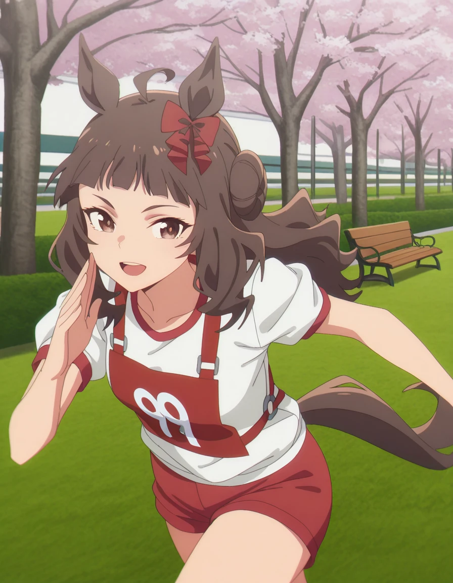 masterpiece, best quality, amazing quality,, <lora:dynam-heroine-s1-illustriousxl-lora-nochekaiser:1>, dynam heroine, long hair, brown hair, animal ears, brown eyes, tail, ahoge, hair bow, blunt bangs, red bow, horse ears, horse girl, horse tail, mature female, small breasts, anime screencap, shirt, white shirt, short sleeves, shorts, pants, gym uniform, red shorts, red pants, gym shirt, race bib, smile, park, cherry blossoms, bench, gentle breeze, peaceful, running, open mouth, cowboy shot, solo, looking at viewer,