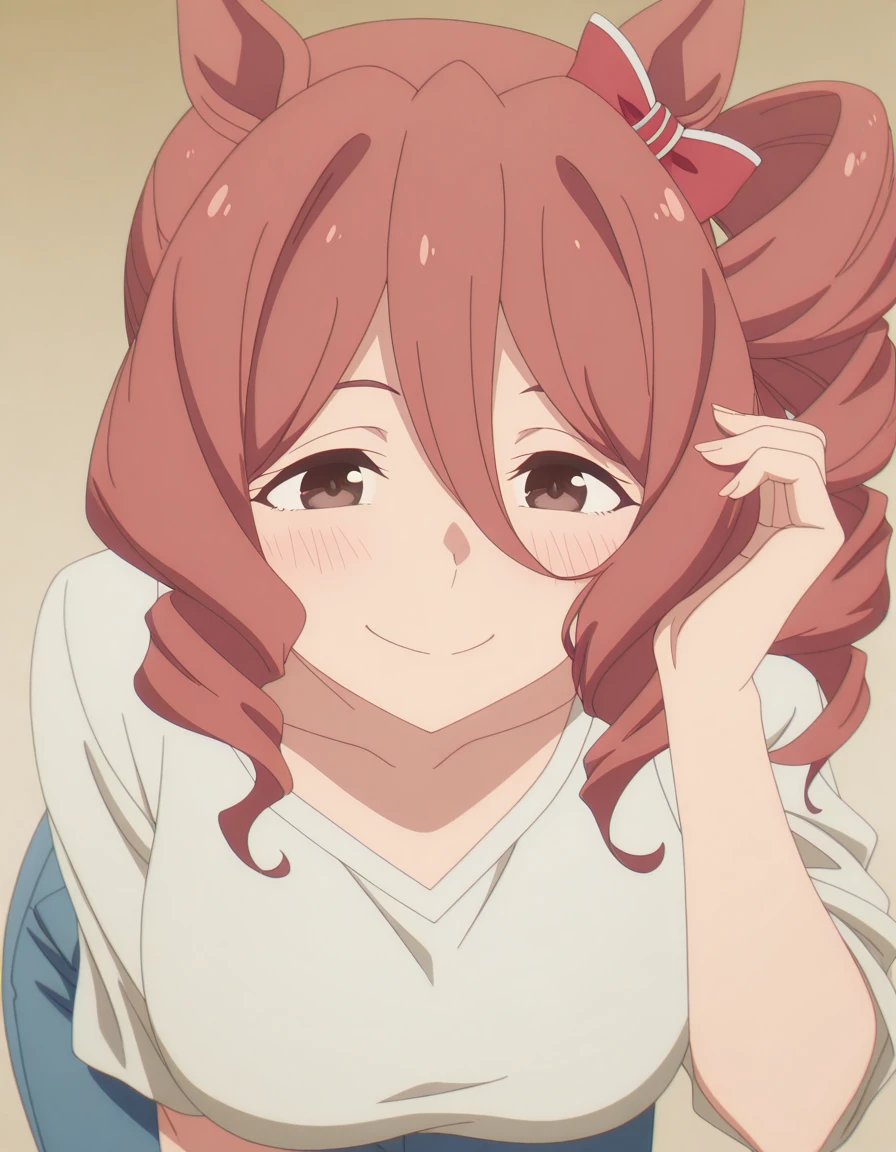 masterpiece, best quality, amazing quality,, <lora:norn-ace-s1-illustriousxl-lora-nochekaiser:1>, norn ace, brown hair, animal ears, hair between eyes, brown eyes, side ponytail, horse ears, horse girl, drill hair, mature female, breasts, anime screencap, <lora:tucking-hair-illustriousxl-lora-nochekaiser:1>, tucking hair, adjusting hair, hand on own hair, hair behind ear, smile, bent over, leaning forward, blush, hand up,, ,
