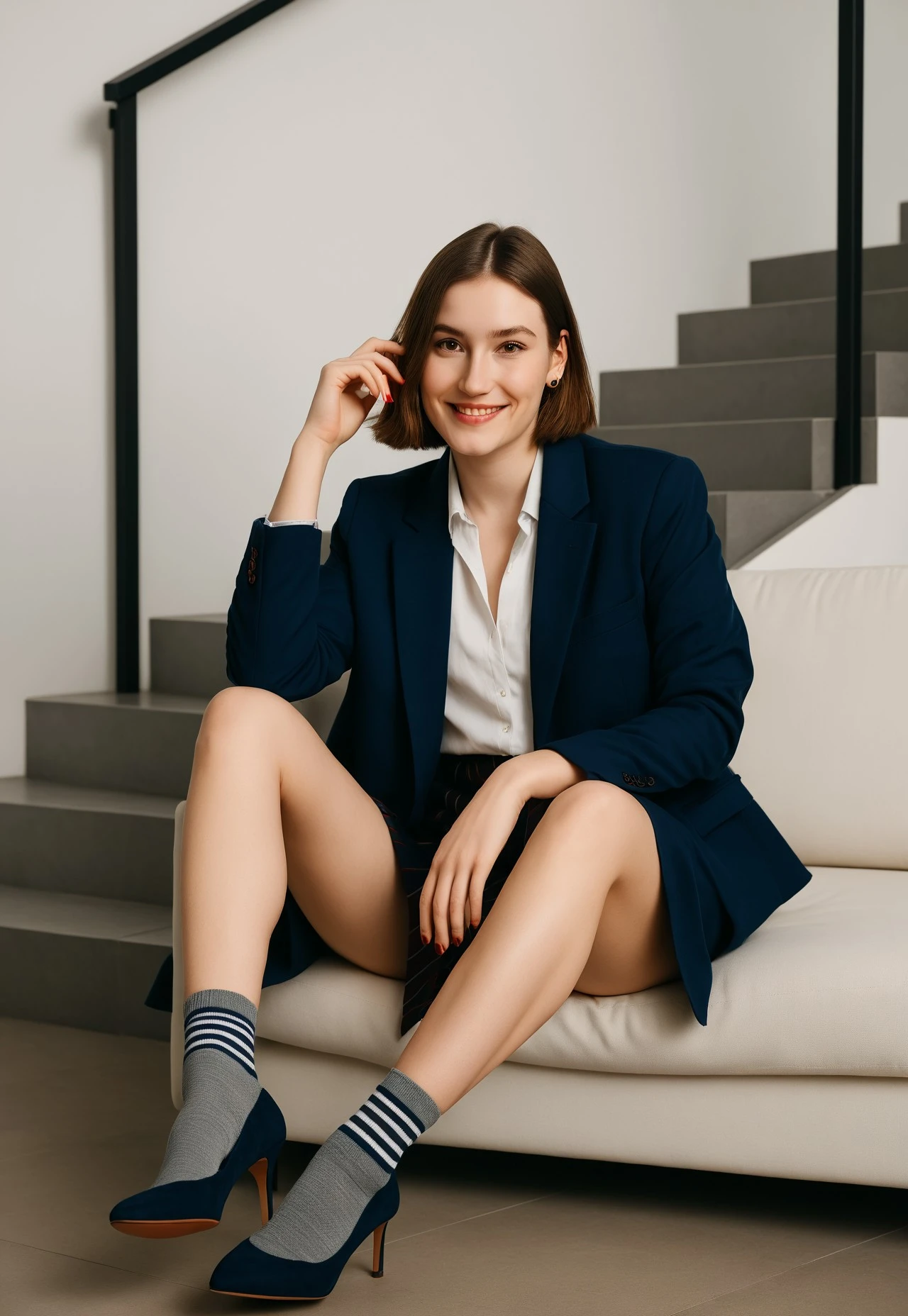 masterpiece, best_quality, ultra_detailed, realistic, photo-realistic, 8k resolution, cinematic_lighting, warm_lighting, soft_lighting, ambient_light, A casual, amateur-style photo of a young woman, 1girl, GildaAI, pale skin, brown hair, brown eyes, arm tatto, jewelry. pale White skin, posing provocatively in a minimalist changing room from shop, brown eyes, Realism, A confident young woman sitting on a modern white sofa, smiling brightly, wearing a stylish oversized navy blazer, white shirt, striped tie, and gray socks with high heels. Her pose is relaxed and playful, with one leg crossed over the other and her hand resting on the seat, exuding charm and elegance. Her expression is confident and serious. The lighting is soft and elegant, with illuminated stair rails. The atmosphere is stylish, modern, and sophisticated, focusing on natural body proportions and a strong, elegant posture. thick thighs. Red manicure, The image looks like an authentic Instagram story or casual selfie: slightly grainy, with soft focus, natural lighting, and an intimate, homemade feel. Highly suggestive and erotic in tone, with youthful, confident energy.