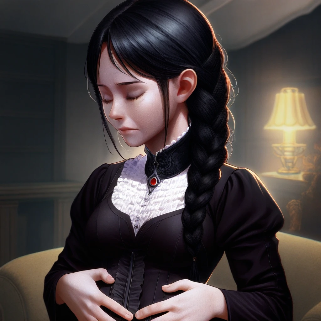 masterpiece, best quality, absurdres, cinematic lighting, 1 woman, standing, sexy, portrait, upper body, closed eyes, long hair, black hair, pigtail, braided braid, braid on shoulder, black governess dress, white frills, hands on stomach, front view, living room,