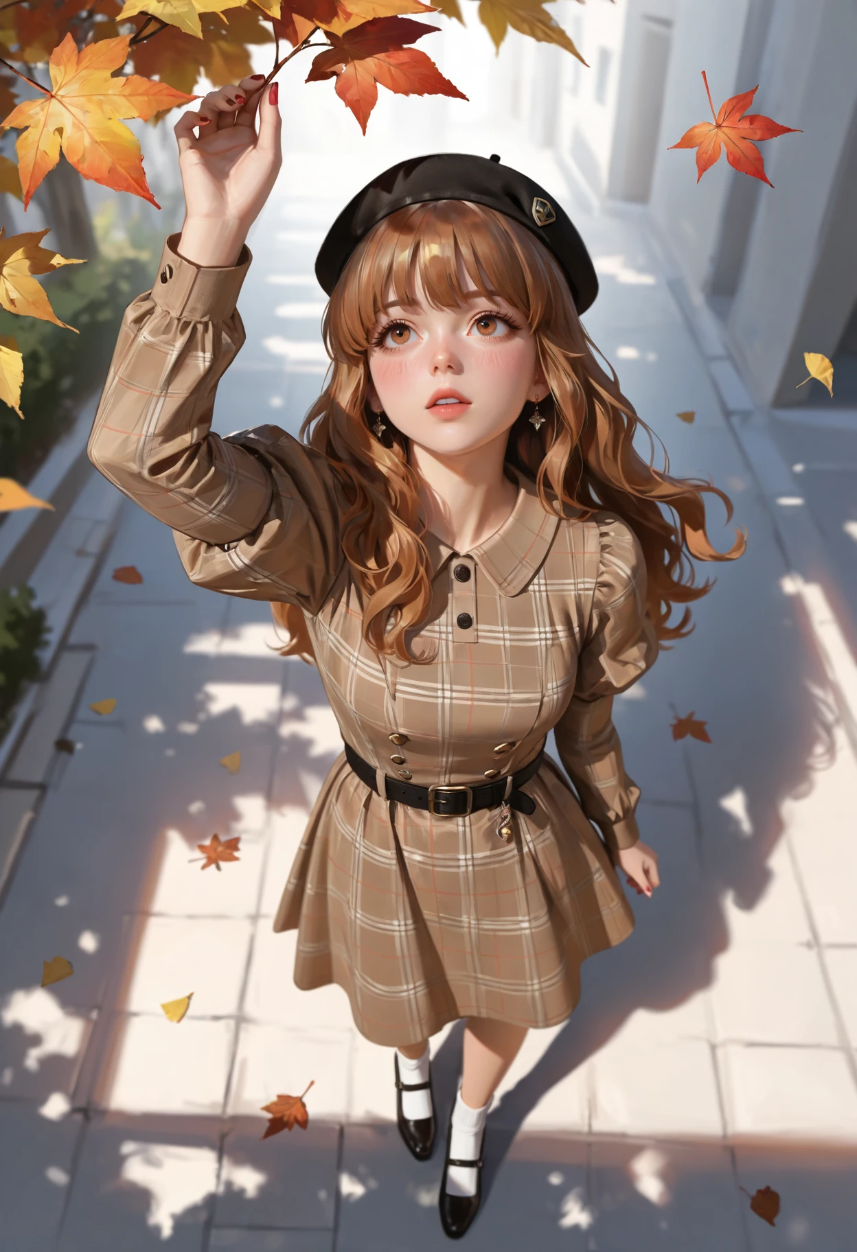 adult, 1woman, masterpiece, best quality, good quality, newest, highres, absurdres, volumetric lighting,gradient color, uncensored,
BREAK
raytracing, volumetric lighting, ambient occlusion, background, masterpiece, best quality, very awa, absurdres, model style, stylist,
BREAK
ambient occlusion, raytracing, soft lighting, blum effect, masterpiece, absolutely eye-catching, shining, intricate cinematic background, (beautiful face),
BREAK
masterpiece,amazing quality,best quality,ultra-detailed,8K,illustration,CG,shiny hair,clear skin,ultra-detailed-eyes, detailed background,cute, eyelashes
BREAK
 arm up, autumn leaves, belt, beret, black belt, black hat, blush, brown dress, brown eyes, brown hair, day, dress, earrings, falling leaves, from above, full body, hat, highres, jewelry, juliet sleeves, leaf, long hair, long sleeves, looking up, moroboshi kirari, nail polish, neck, outdoors, plaid clothes, plaid dress, puffy sleeves, shoes, socks, solo, standing, white socks