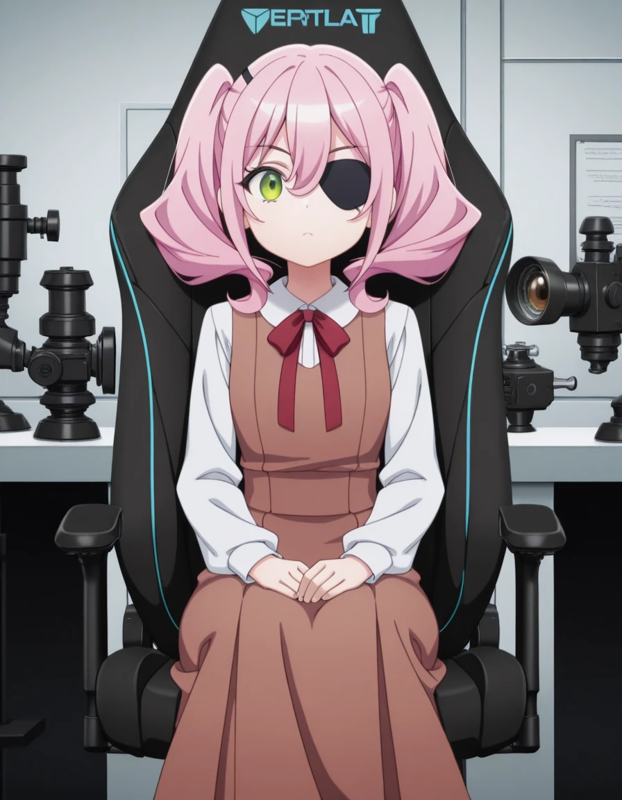 masterpiece, best quality, amazing quality,, <lora:spyroom-annett-s2-illustriousxl-lora-nochekaiser:1>, annett, bangs, hair between eyes, twintails, green eyes, pink hair, eyepatch, anime screencap, shirt, long sleeves, dress, bow, white shirt, collared shirt, red bow, neck ribbon, brown dress, <lora:secretlab-chair-illustriousxl-lora-nochekaiser:1>, secretlab chair, chair, office chair, gaming chair, sitting, full body, elbow rest, laboratory, beakers, microscope, scientist, experiments, cowboy shot, solo, looking at viewer,