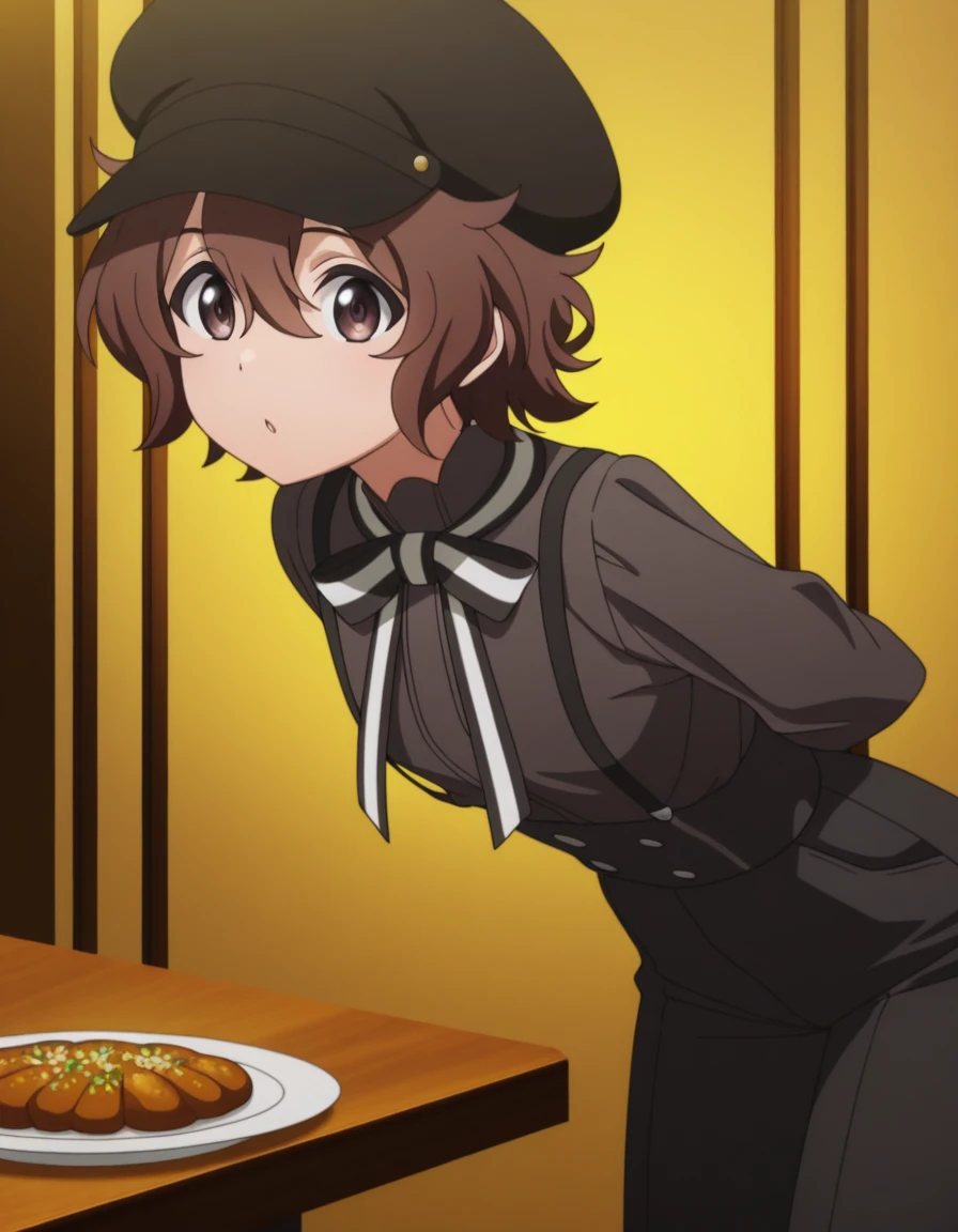 masterpiece, best quality, amazing quality,, <lora:spyroom-sara-s2-illustriousxl-lora-nochekaiser:1>, sara, short hair, bangs, brown hair, brown eyes, hair between eyes, anime screencap, shirt, hat, ribbon, suspenders, cabbie hat, black shirt, black hat, black pants, black suspenders, high-waist pants, hands behind back, bent over,, restaurant, laughter, good food, warm lighting, celebration, cowboy shot, solo, looking at viewer,