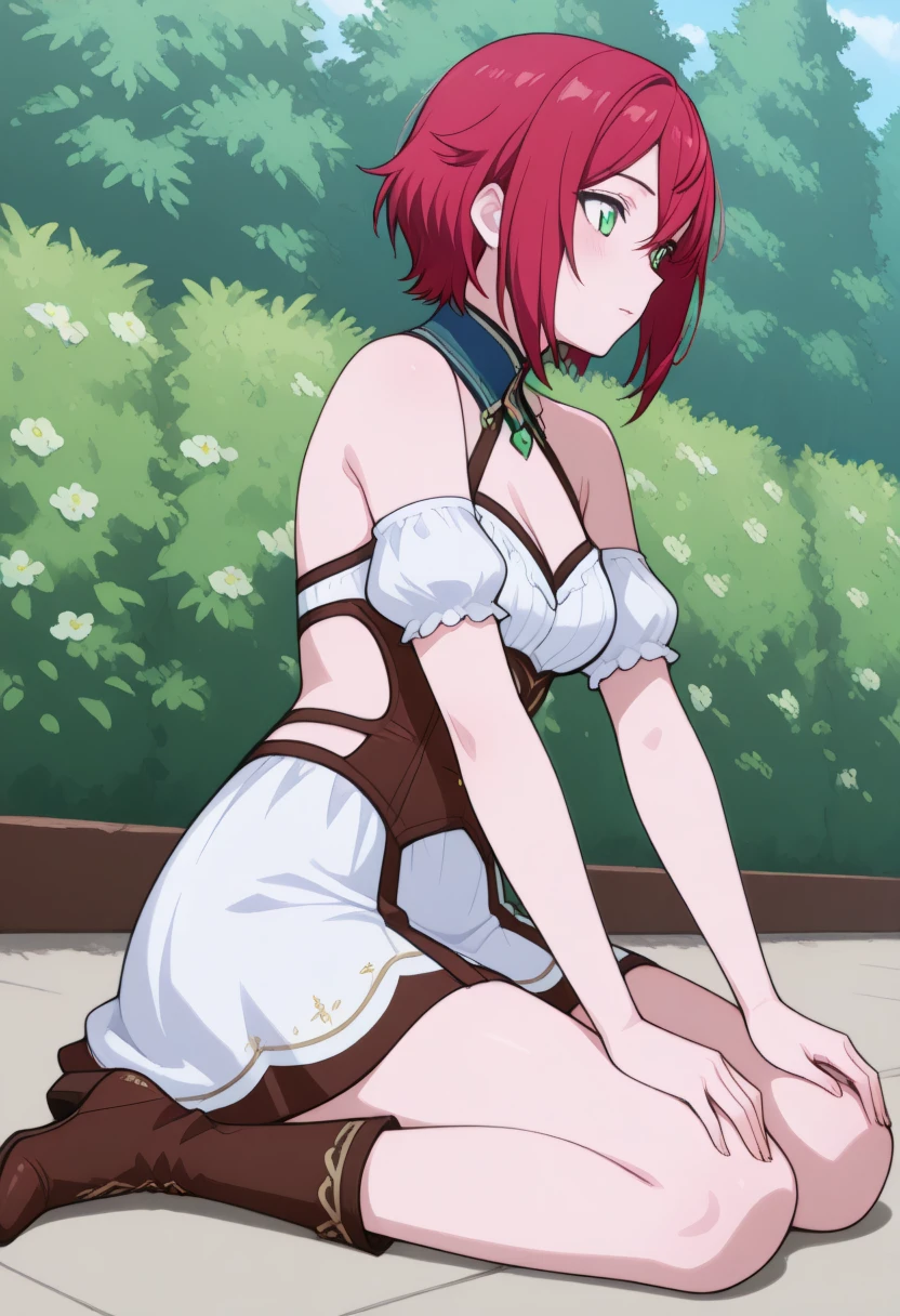 masterpiece, best quality, game cg, 1girl, solo, looking at viewer, upper body, , , , shirayuki-hime, red hair, green eyes, (Skirt lift:1.3), (white panties:1.3)、(Skirt that rolls up:1.3)、(Fully exposed panties:1.5)、