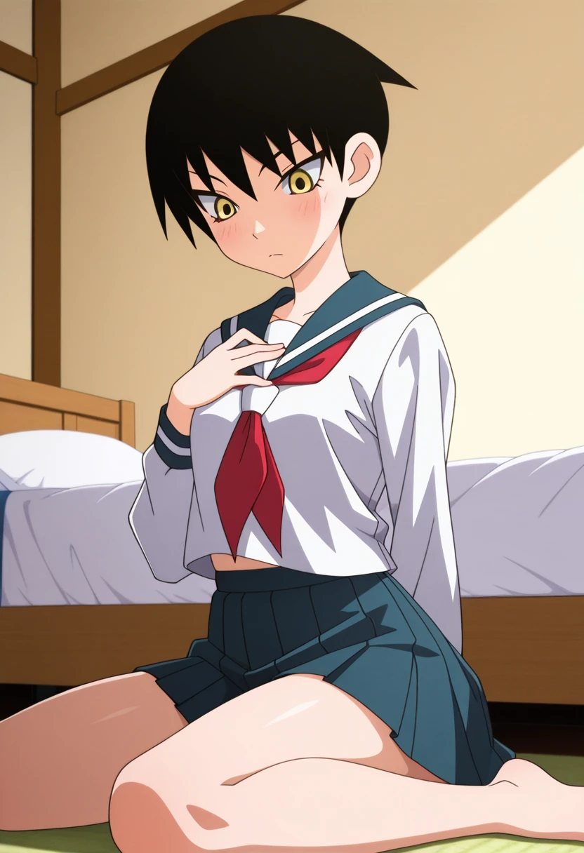 masterpiece, best quality, amazing quality, absurdres, 1girl, solo, kumeta kouji \(style\), mayoww, yellow eyes, black hair, short hair, tsurime, serafuku, sailor collar, neckerchief, pleated skirt, <lora:Mitama_Mayo_Sayonara_Zetsubou_Sensei_ill:0.9>, indoors, bedroom, frown, wariza, sitting, hand on own chest, looking down, skindentation, detailed clothing folds, depth of field, sharp, high contrast, dynamic light <lora:lightingSlider:1>