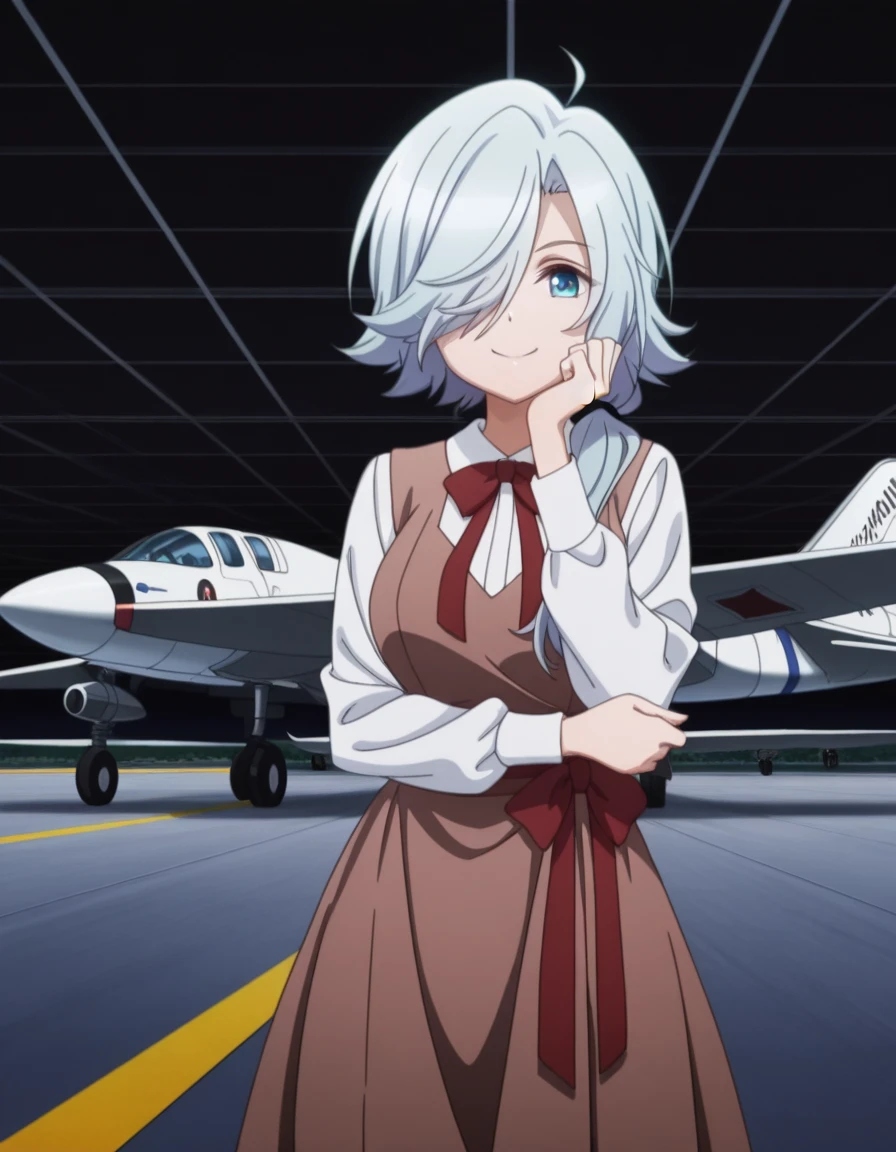masterpiece, best quality, amazing quality,, <lora:spyroom-monika-s2-illustriousxl-lora-nochekaiser:1>, monika, long hair, blue eyes, ahoge, hair over one eye, hair over shoulder, white hair, blue hair, mature female, medium breasts, anime screencap, shirt, long sleeves, dress, bow, white shirt, collared shirt, red bow, neck ribbon, brown dress, head rest, smile,, airfield, planes, runway, open_space, aviation, cowboy shot, solo, looking at viewer,
