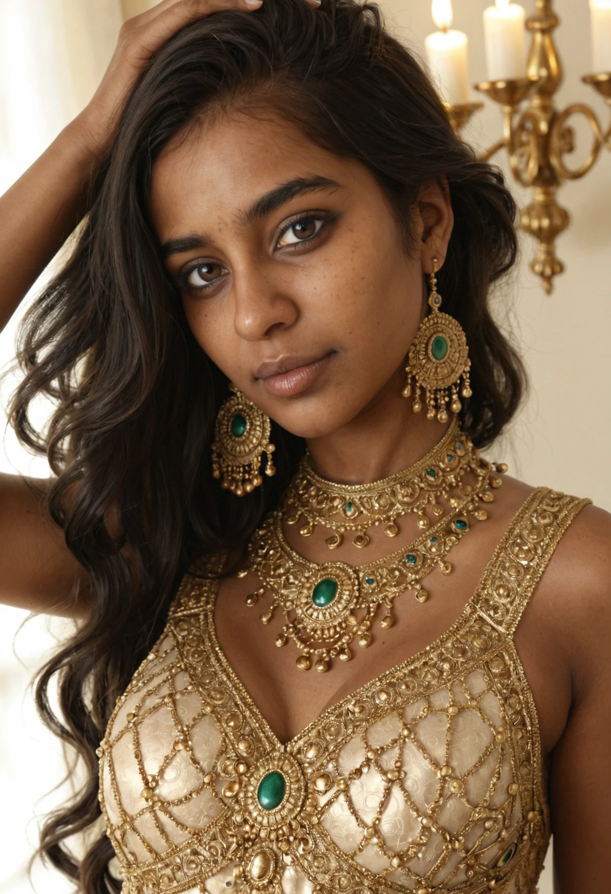 score_9, score_8_up, masterpiece, best quality, absurdres, amazing quality, ultra realistic, soft lighting, warm brown skin, (Indian woman), beautiful face, long wavy black hair, traditional Indian hairstyle, detailed skin texture, kohl-lined eyes, soft makeup, bindi, saree with gold embroidery, intricate jewelry, standing pose, elegant expression, shallow depth of field, sunlit garden background, soft golden lighting, extremely detailed skin, natural skin texture