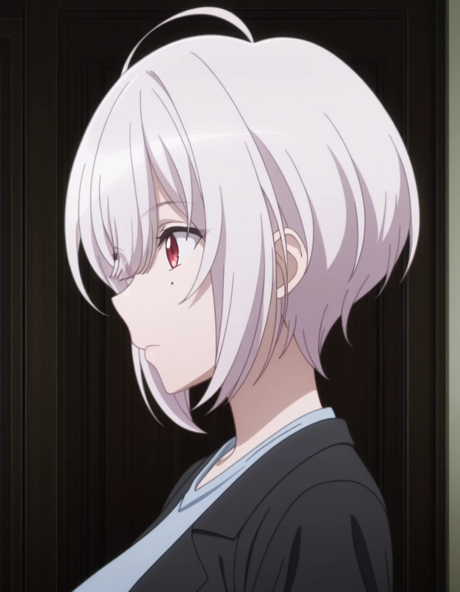 masterpiece, best quality, amazing quality,, <lora:spyroom-sibylla-s2-illustriousxl-lora-nochekaiser:1>, sibylla, short hair, bangs, red eyes, hair between eyes, ahoge, mole, mole under eye, white hair, mature female, medium breasts, anime screencap, from side, ,