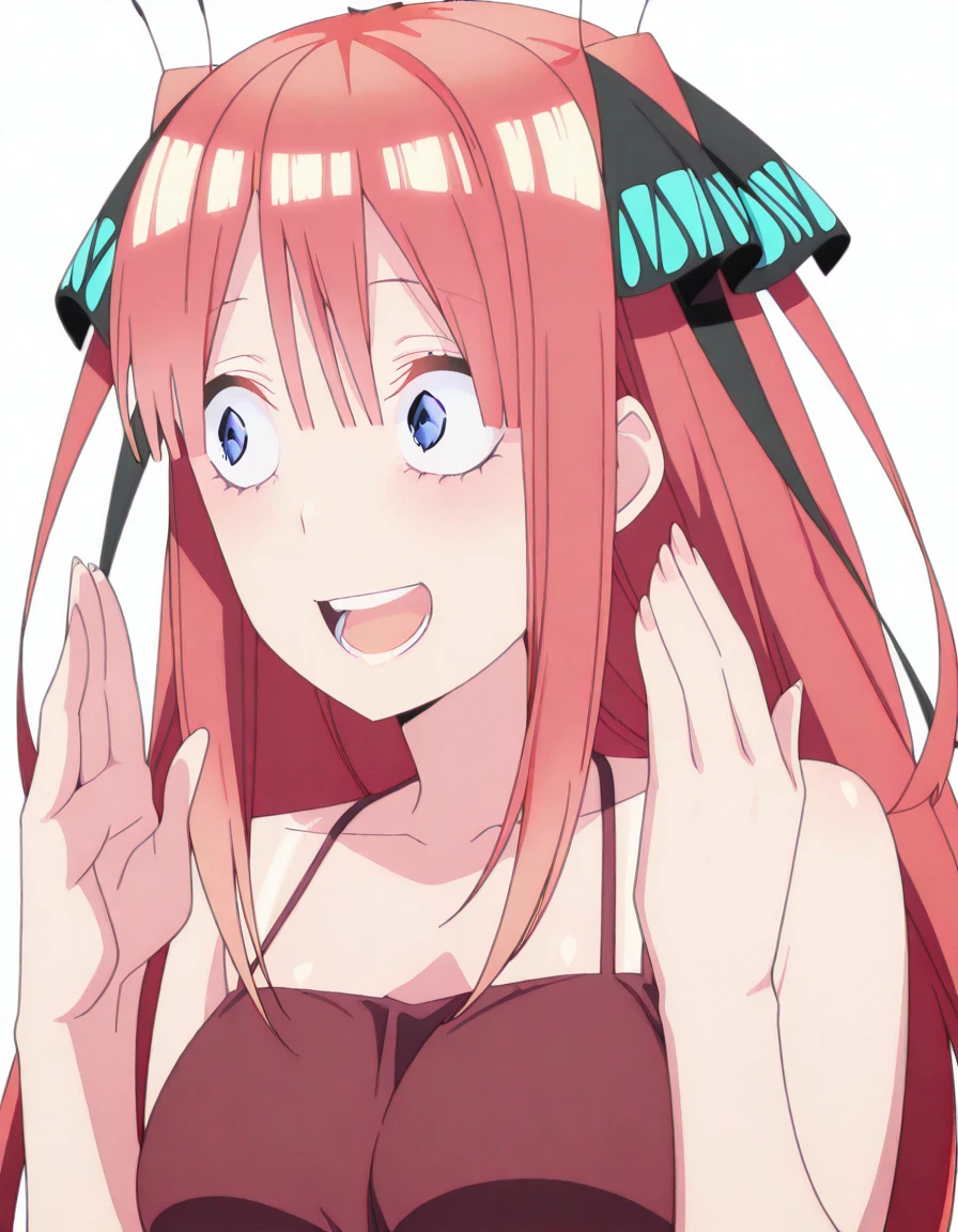 Anime background art, bottom of room, one bed, standing, beautiful anime scenes, 4K anime art wallpaper, 4k anime art wallpaper, Rosla global illumination, anime girl, 1 girl, LORA similar, best quality, detailed, alone, looking at the viewer, mouth closed, smile, long hair, definition in the eye, perfect face, perfect face, perfect hair, pink hair, hair accessory, twin butterfly-shaped ribbons on both sides of her head, blue eyes, kimono costume, big tits.