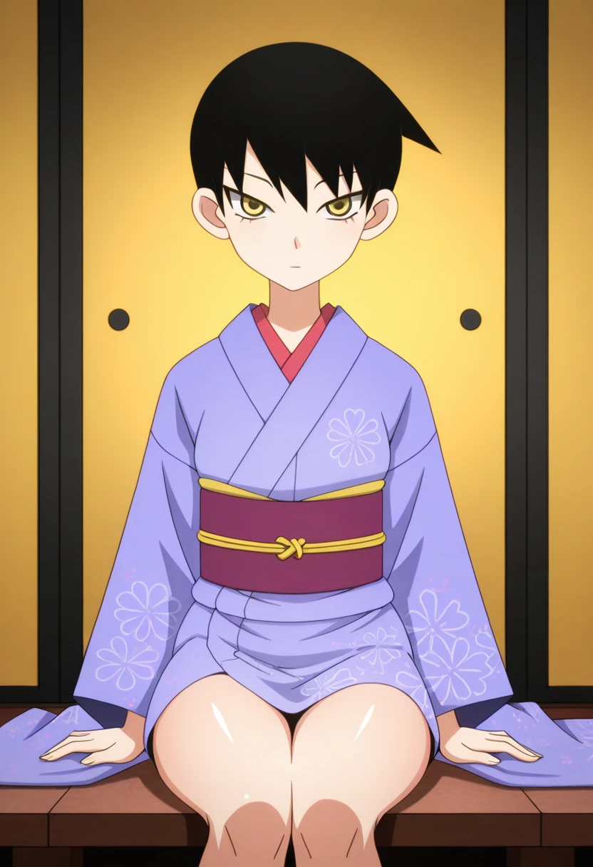 masterpiece, best quality, amazing quality, absurdres, 1girl, solo, kumeta kouji \(style\), mayoww, yellow eyes, black hair, short hair, tsurime, japanese clothes, kimono, <lora:Mitama_Mayo_Sayonara_Zetsubou_Sensei_ill:0.9>, sitting, legs together, narrowed eyes, expressionless, looking at viewer, skindentation, detailed clothing folds, depth of field, sharp <lora:lightingSlider:1>