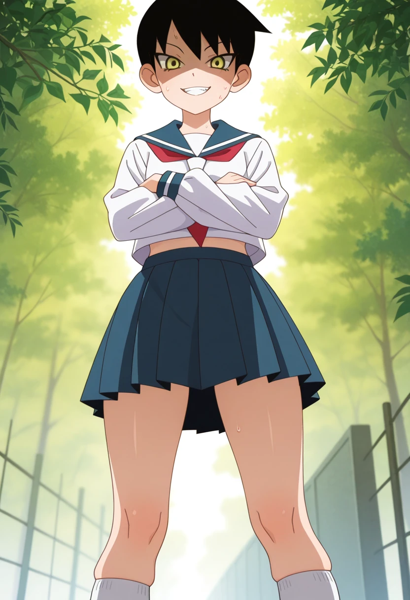masterpiece, best quality, amazing quality, absurdres, 1girl, solo, kumeta kouji \(style\), mayoww, yellow eyes, black hair, short hair, tsurime, school uniform, serafuku, blue sailor collar, red neckerchief, long sleeves, midriff, blue pleated skirt, white socks, <lora:Mitama_Mayo_Sayonara_Zetsubou_Sensei_ill:0.9>, outdoors, shaded face, assertive female, grin, sadism, sweat, looking at viewer, from below, standing, arms crossed, skindentation, detailed clothing folds, depth of field, sharp <lora:lightingSlider:1>