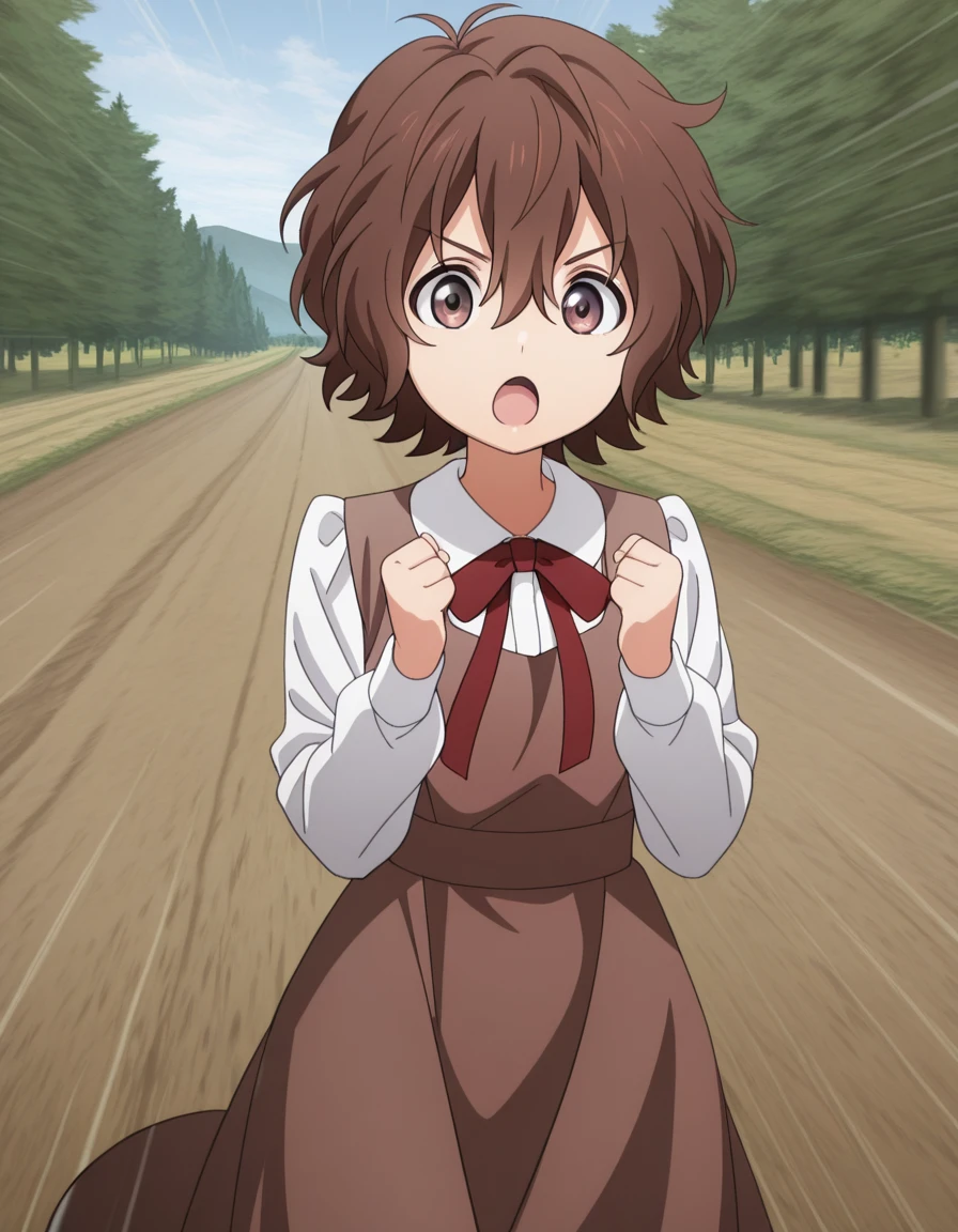 masterpiece, best quality, amazing quality,, <lora:spyroom-sara-s2-illustriousxl-lora-nochekaiser:1>, sara, short hair, bangs, brown hair, brown eyes, hair between eyes, anime screencap, shirt, long sleeves, dress, bow, white shirt, collared shirt, red bow, neck ribbon, brown dress, <lora:kamen-rider-kick-illustriousxl-lora-nochekaiser:1>, kamen rider kick, looking at viewer, open mouth, kicking, flying kick, motion lines, motion, hands up, clenched fist,, bike ride, countryside, dirt road, trees, afternoon sun, peaceful, alone, cowboy shot, solo, looking at viewer,