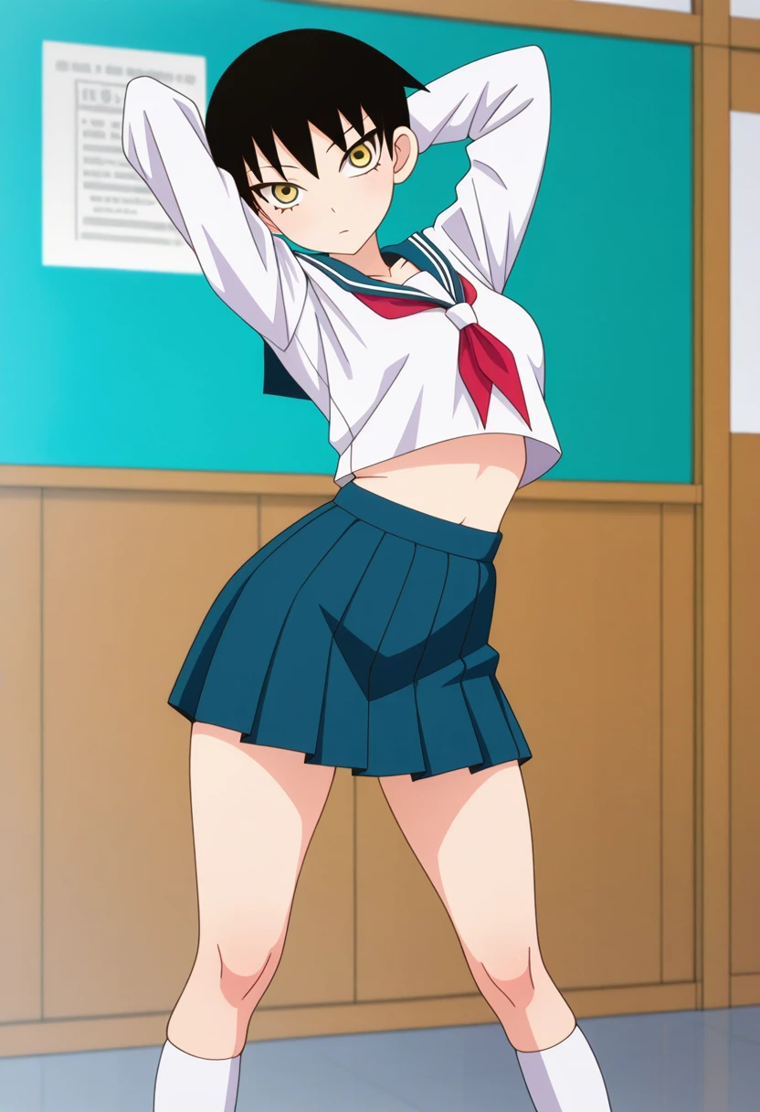 masterpiece, best quality, amazing quality, absurdres, 1girl, solo, kumeta kouji \(style\), mayoww, yellow eyes, black hair, short hair, tsurime, school uniform, serafuku, blue sailor collar, red neckerchief, long sleeves, midriff, blue pleated skirt, white socks, <lora:Mitama_Mayo_Sayonara_Zetsubou_Sensei_ill:0.9>, standing, arching back, both arms raised, head tilted back, cleavage, bare back, looking upwards, skindentation, detailed clothing folds, depth of field, sharp <lora:lightingSlider:1>