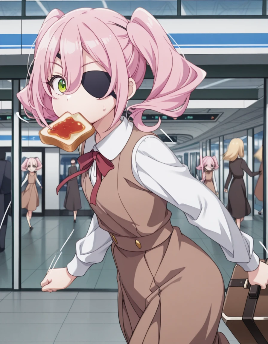 masterpiece, best quality, amazing quality,, <lora:spyroom-annett-s2-illustriousxl-lora-nochekaiser:1>, annett, bangs, hair between eyes, twintails, green eyes, pink hair, eyepatch, anime screencap, shirt, long sleeves, dress, bow, white shirt, collared shirt, red bow, neck ribbon, brown dress, <lora:food-in-mouth-running-illustriousxl-lora-nochekaiser:1>, food in mouth running, food in mouth, running, bread, bread slice, food, toast in mouth, toast, sweatdrop, motion lines, motion blur, outdoors, from side, airport, waiting area, suitcase, flight delayed, passengers, reading book, cowboy shot, solo, looking at viewer,