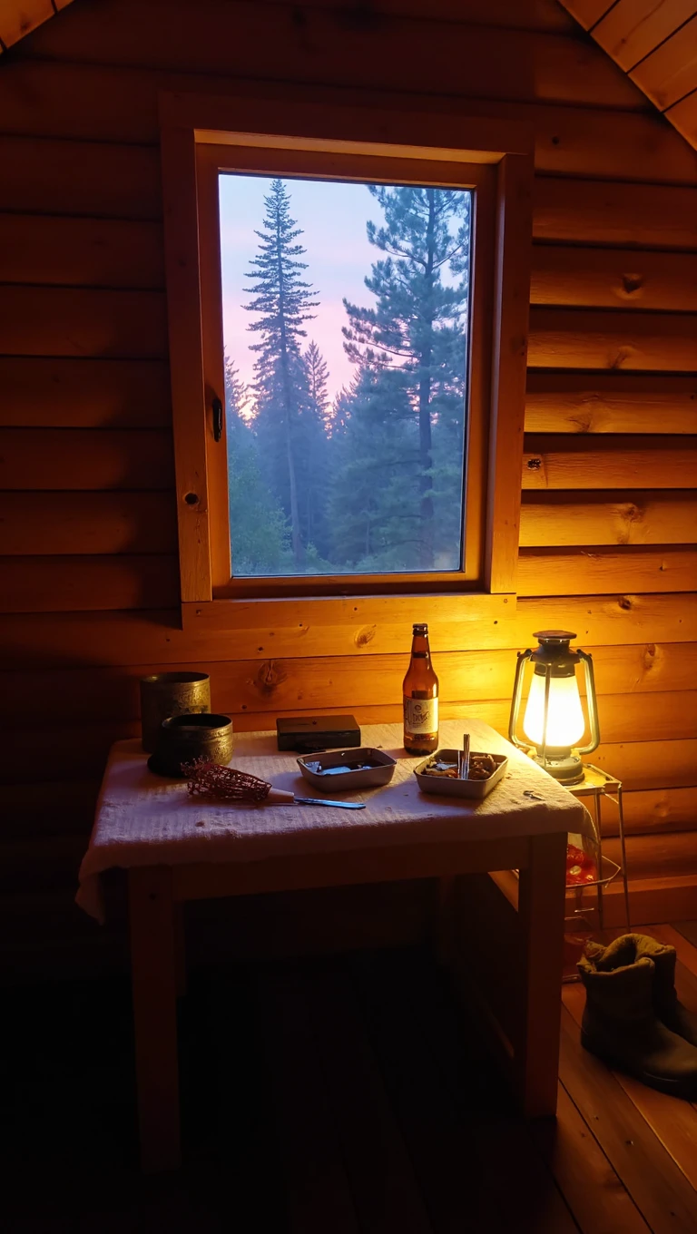 Early 2010s snapshot photo captured with a phone and uploaded to Facebook, featuring dynamic natural lighting, and a neutral white color balance with washed out colors, picturing the inside of a small, dim log cabin deep in a Finnish forest during midsummer dusk, just after a sauna session.
In a tall 9:16 frame, the vertical composition captures the rustic interior from a slightly low angle, facing a foggy single-pane window framed by aged pine logs. A faint pink-blue evening sky is visible through the misty glass, filtered by the dark silhouettes of birch and fir trees. The foreground shows a wooden table cluttered with items: a tin of sardines half-opened with a fork stuck in it, a sweating bottle of beer, and a wet birch whisk (vihta) resting on a threadbare towel. The floorboards are uneven and stained dark in places, and a pair of well-worn rubber boots lie haphazardly near a stack of chopped wood. The only illumination comes from the fading light outside and a weak battery-powered lantern casting a warm, amber glow across the table, creating deep contrast with the cold blue tones leaking in through the window. The image is slightly underexposed, with muddy shadows and muted colors, and the auto white-balance fails to correct the warm-cool contrast. Thereâs a faint lens smudge across the center, possibly from sweat or condensation. Everything feels damp, quiet, and deeply lived-in, as though the moment was captured just before night settled over the forest.