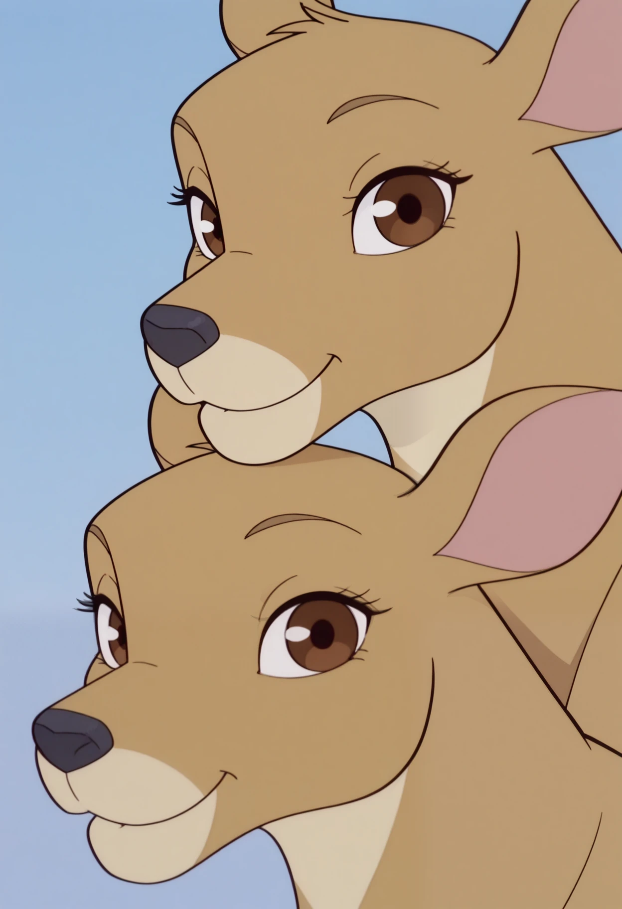 masterpiece,best quality,amazing quality, 2girls, bucksh0t, deer, brown eyes, twins, close up, side angle, smile, looking at viewer,