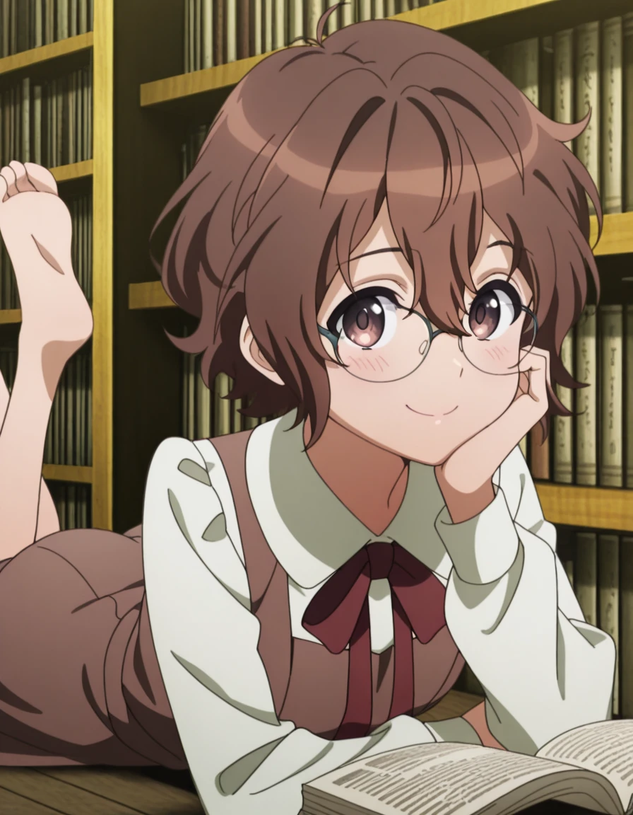 masterpiece, best quality, amazing quality,, <lora:spyroom-sara-s2-illustriousxl-lora-nochekaiser:1>, sara, short hair, bangs, brown hair, brown eyes, hair between eyes, anime screencap, shirt, long sleeves, dress, bow, white shirt, collared shirt, red bow, neck ribbon, brown dress, <lora:the-pose-illustriousxl-lora-nochekaiser:1>, the pose, on stomach, feet up, lying, soles, feet, legs up, head rest, barefoot, ass, from behind, looking back, looking at viewer, smile, blush,, library, reading books, glasses, quiet, focused, shelves of books, cowboy shot, solo, looking at viewer,