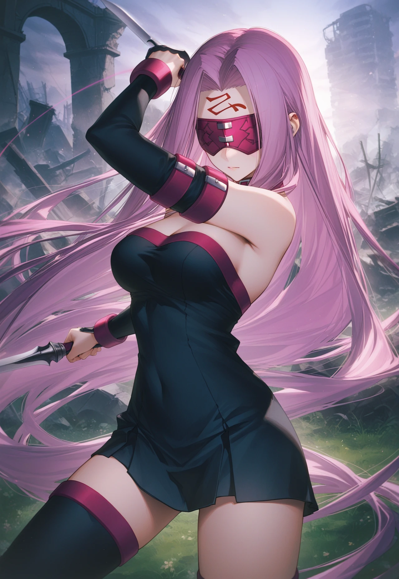 ((1girl)),((alone)), jellyfish,(masterpiece), (best quality), (ultra detailed), (best illustration), (best shadow), (absurdities), sharp focus, cowboy shot, atmospheric perspective, depth of field, dynamic posture facing the viewer, large breasts, narrow waist, wide hips, wide thighs, round butt, erotic, romantic, (, lips 1.1), highly detailed eyes, covered eyes, blindfold, dagger in hand, Highly detailed face, Very beautiful face, Symmetrical face, Aesthetic face, perfect face, perfect eyes, detailed eyelashes: 1.5), full height, beautiful slim figure, femininity, expressive appearance, elastic big breasts, sexuality, hair long, bright pink hair, very long hair, floating hair, extravagant hair, hair in the wind, gale, wind rising: 1.4), (silk ribbon in front, thin fabric: 1.3), earrings, filigree, separate sleeves, wide sleeves, (see-through clothing, translucent clothing, bracelet: 1.2),(revealing clothing), jewelry (cropped breasts, open chest, off-the-shoulder, strapless, simple choker: 1.1),dress, medusa (destiny), neckline, brand on the forehead, pink|purple hair, black strapless dress, pink decorations, elbow-length gloves: 1.3), curves, defined body, Perfect and beautiful body, perfect and beautiful, closed mouth, neutral expression, serious grimace, blushing, (sexy pose: 1.2), ((solo)), standing: 1.3, ((Japanese-style house, exterior, light reflection, garden, cherry tree, clear sky, clouds, night)), looking back, from behind ,((focus on ass)), point of view:(from Middle), perfect anatomy, perfect hands