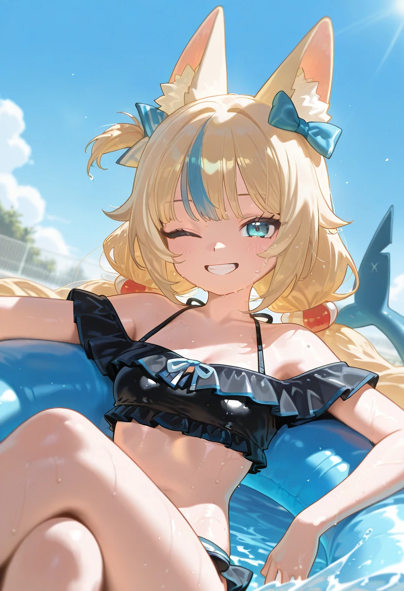 masterpiece,Highest quality,(Super Detail),Perfect lighting, Extremely detailed CG,Very detailed,(Very detailed目,Very cute face,Very detailed顔:1.3),Beautiful Anime Girls,(Solo Girl),(Super huge boobs:1.4),(Sensual,glamorous:1.4),(blonde,Medium Hair,Twin Blade,Let your hair hang forward:1.5),(Big bright blue eyes),(Very happy smile,Please open your mouth wide:1.2),break,(white bandeau bikini),(Underwater,diving:1.5)Coral Reef,Light coming in from the surface of the water