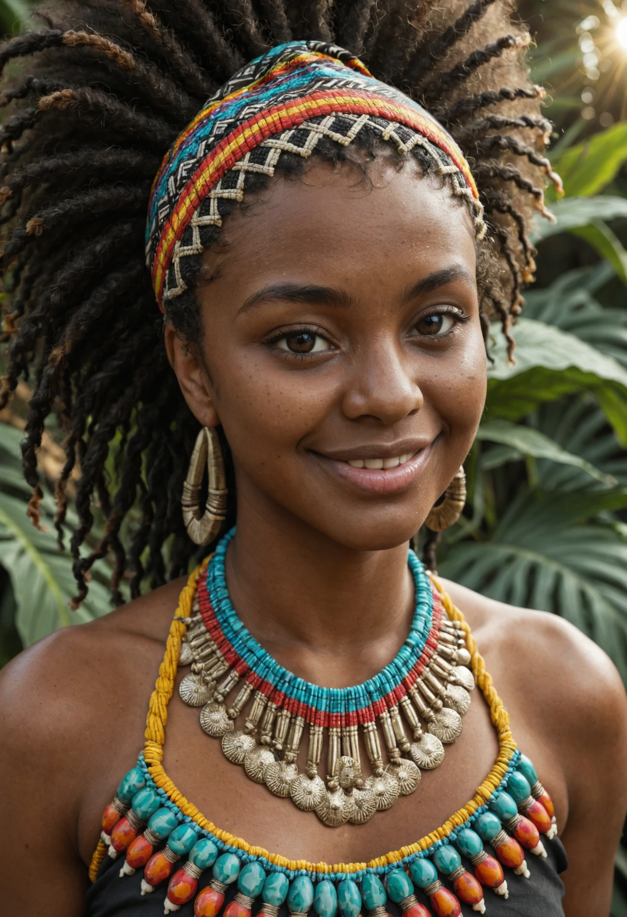 score_9, score_8_up, masterpiece, best quality, absurdres, amazing quality, ultra realistic, soft lighting, black skin, realistic skin texture, detailed skin, dark-skinned female, (african woman), beautiful face, ponytail, portrait, native jewelry, tribal makeup, afro, full lips, detailed skin texture, intricate braided hairstyle, colorful traditional african clothing, kente cloth, patterned headwrap, ethnic accessories, slight smile, standing pose, shallow depth of field, vibrant colours, warm lighting, nature background ,extremely detailed skin, natural skin texture,