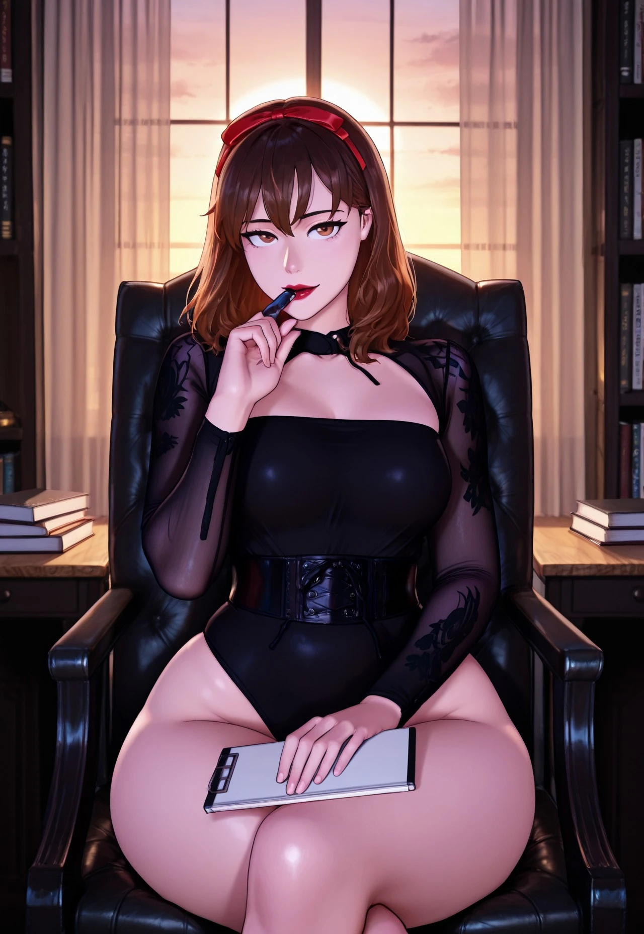 (large breasts 1.4), beautiful elf woman, ((Short Red Hair: 1.6, straight with shine)), bright blue eyes, bright eyes, double eyelids, light effect on eyes, detailed irises, sexy curvy body, ((white off the shoulder corset, black and red plaid mini skirt, black high heels)), ((work of art, hyper-realistic, hyper detailed, Best quality, 16k, light and shadow on skin, vivid colors), eyeliner, Thin eyebrows, Sensual expression, perfect pouty lips, innocent and sexy mature face, ((skin with light and shadow) flirting with the viewer, lots of freckles, full lips, lips parted, extreme blush, smile, ((Posing laying Sensually on leather couch)), fingertip resting on lower lip, late at night, rays of light, masterpiece, wearing glasses