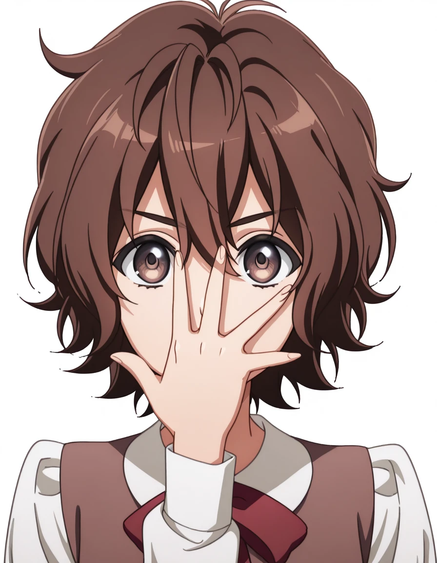 masterpiece, best quality, amazing quality,, <lora:spyroom-sara-s2-illustriousxl-lora-nochekaiser:1>, sara, short hair, bangs, brown hair, brown eyes, hair between eyes, anime screencap, shirt, long sleeves, dress, bow, white shirt, collared shirt, red bow, neck ribbon, brown dress, <lora:jonathan-joestars-pose-illustriousxl-lora-nochekaiser:1>, jonathan joestars pose, jonathan joestar's pose (jojo), jojo pose, covering face, hand up, upper body, cooling tower, smoke, power, plant, height, cowboy shot, solo, looking at viewer, <lora:transparent-background-illustriousxl-lora-nochekaiser:1>, transparent background, simple background, white background