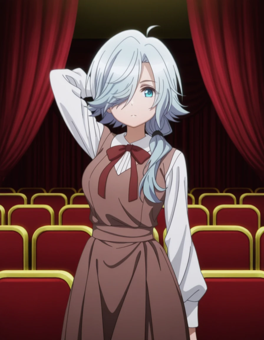 masterpiece, best quality, amazing quality,, <lora:spyroom-monika-s2-illustriousxl-lora-nochekaiser:1>, monika, long hair, blue eyes, ahoge, hair over one eye, hair over shoulder, white hair, blue hair, mature female, medium breasts, anime screencap, shirt, long sleeves, dress, bow, white shirt, collared shirt, red bow, neck ribbon, brown dress, hand behind head, , theater, stage, seats, performance, curtains, cowboy shot, solo, looking at viewer,