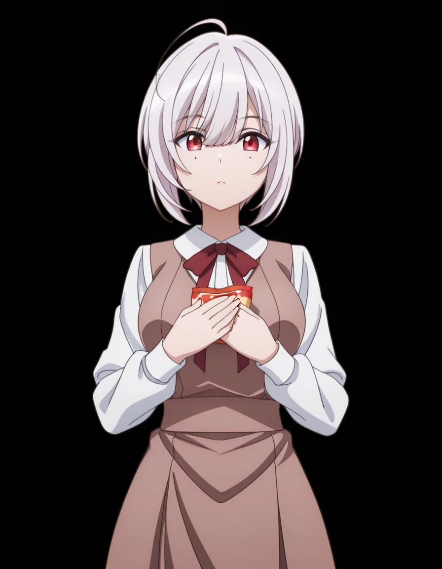 masterpiece, best quality, amazing quality,, <lora:spyroom-sibylla-s2-illustriousxl-lora-nochekaiser:1>, sibylla, short hair, bangs, red eyes, hair between eyes, ahoge, mole, mole under eye, white hair, mature female, medium breasts, anime screencap, shirt, long sleeves, dress, bow, white shirt, collared shirt, red bow, neck ribbon, brown dress, hands on own chest,, casino, games, lights, chips, luck, cowboy shot, solo, looking at viewer, <lora:transparent-background-illustriousxl-lora-nochekaiser:1>, transparent background, simple background, white background