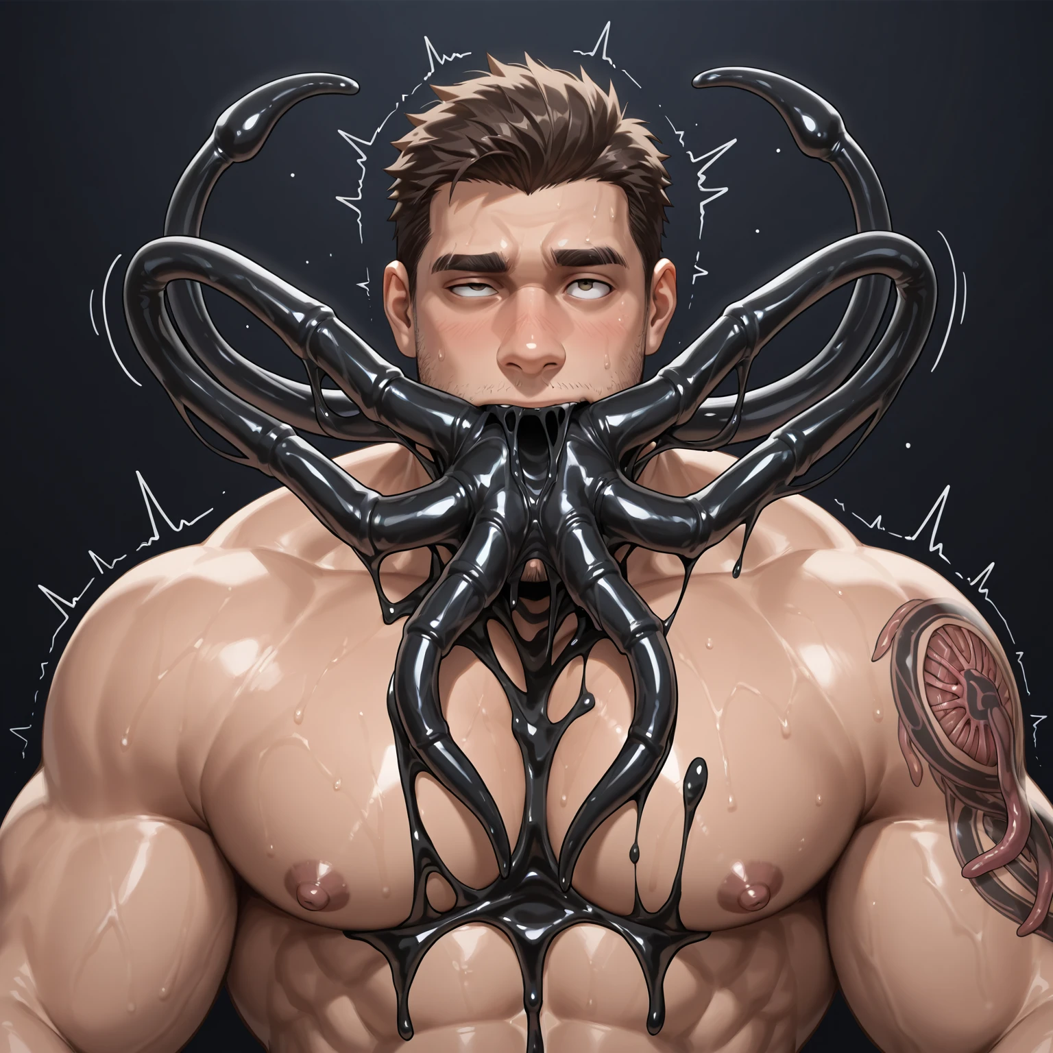 (NSFW:1.5), (Create a masterpiece: 1.2),(CGI art:1.3),(realistic:1.5),(After processing:1.3), (Sharp focus:1.3), male Chris Redfield, open mouthตกใจ, (Navy blue round neck T-shirt with short sleeves.: 1.3), Navy cargo pants, ,( abrasions on face: 1.5), (Blood stains on the face and body: 1.5), Korean guy , korean men, (High gloss details), chest muscles, large arm muscles, blood vessel, Big muscles, Broad shoulders, looking at the audience, Balancing the eyes, (Eyes look up: 1.1) , (genital very long big : 1.5), (Big testicles), (Erection of the penis: 1.5), (Cum: 1.5) , (open mouth: 1.6), see teeth, (Open your eyes wide.: 1.3 ), (Eyes look up: 1.3 ), (Torn shirt: 1.5), middle of the road,(Fire blazes behind) ,(Many leech worms:1.5)