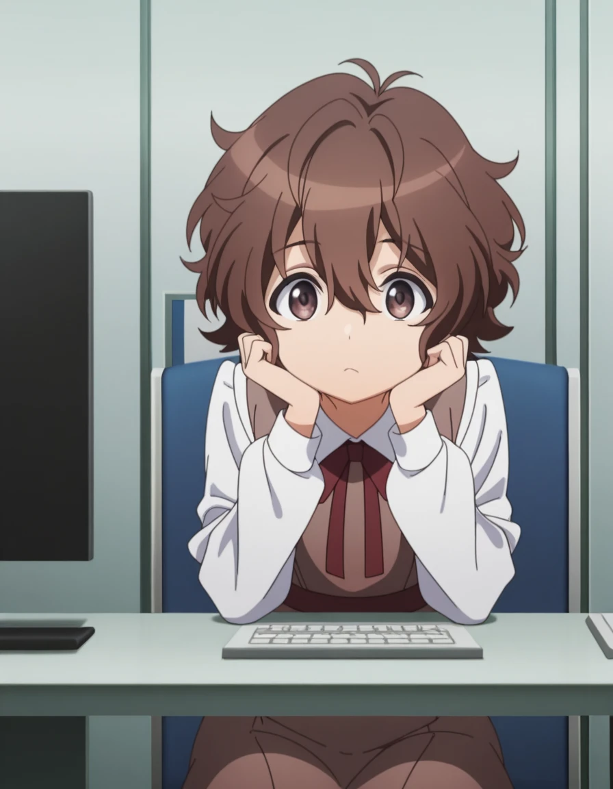 masterpiece, best quality, amazing quality,, <lora:spyroom-sara-s2-illustriousxl-lora-nochekaiser:1>, sara, short hair, bangs, brown hair, brown eyes, hair between eyes, anime screencap, shirt, long sleeves, dress, bow, white shirt, collared shirt, red bow, neck ribbon, brown dress, sitting, head rest, table,, cubicle, desk, computer, partition, workspace, cowboy shot, solo, looking at viewer,