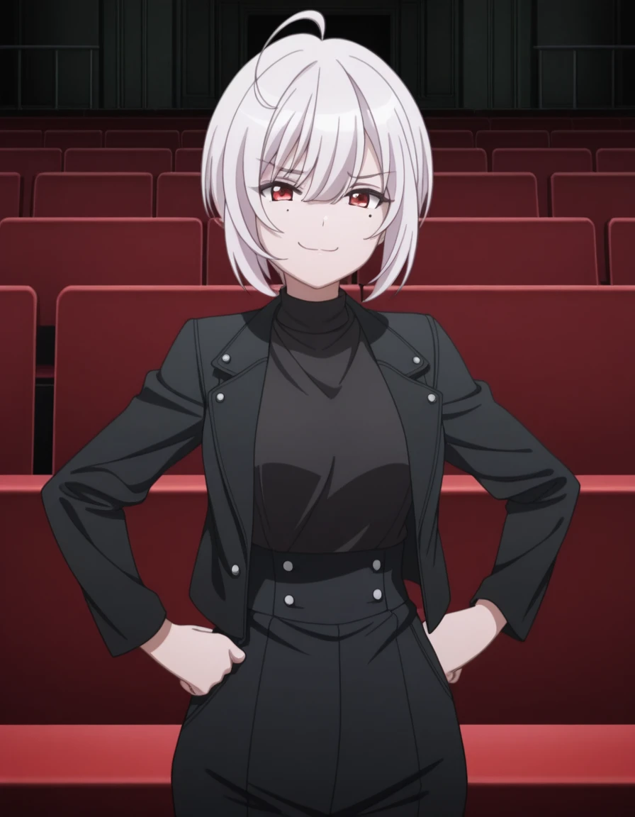 masterpiece, best quality, amazing quality,, <lora:spyroom-sibylla-s2-illustriousxl-lora-nochekaiser:1>, sibylla, short hair, bangs, red eyes, hair between eyes, ahoge, mole, mole under eye, white hair, mature female, medium breasts, anime screencap, shirt, long sleeves, jacket, open clothes, black jacket, black pants, turtleneck, buttons, black shirt, high-waist pants, smug, hands on own hip,, amphitheater, seats, outdoor, stage, large, cowboy shot, solo, looking at viewer,