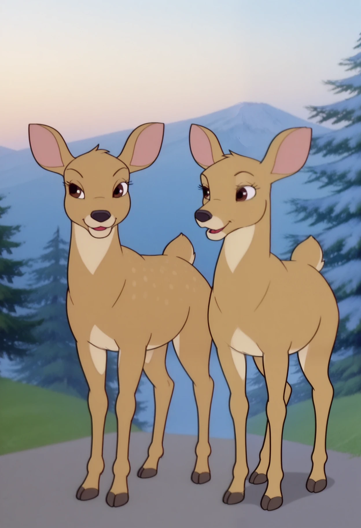 masterpiece,best quality,amazing quality, 2girls, bucksh0t, deer, brown eyes, twins, full body, outside,