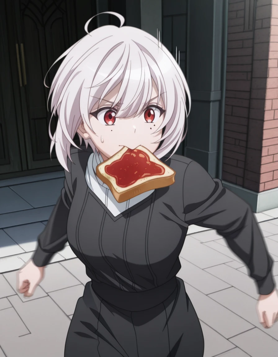 masterpiece, best quality, amazing quality,, <lora:spyroom-sibylla-s2-illustriousxl-lora-nochekaiser:1>, sibylla, short hair, bangs, red eyes, hair between eyes, ahoge, mole, mole under eye, white hair, mature female, medium breasts, anime screencap, <lora:food-in-mouth-running-illustriousxl-lora-nochekaiser:1>, food in mouth running, food in mouth, running, bread, bread slice, food, toast in mouth, toast, sweatdrop, motion lines, motion blur, outdoors, cowboy shot, ,