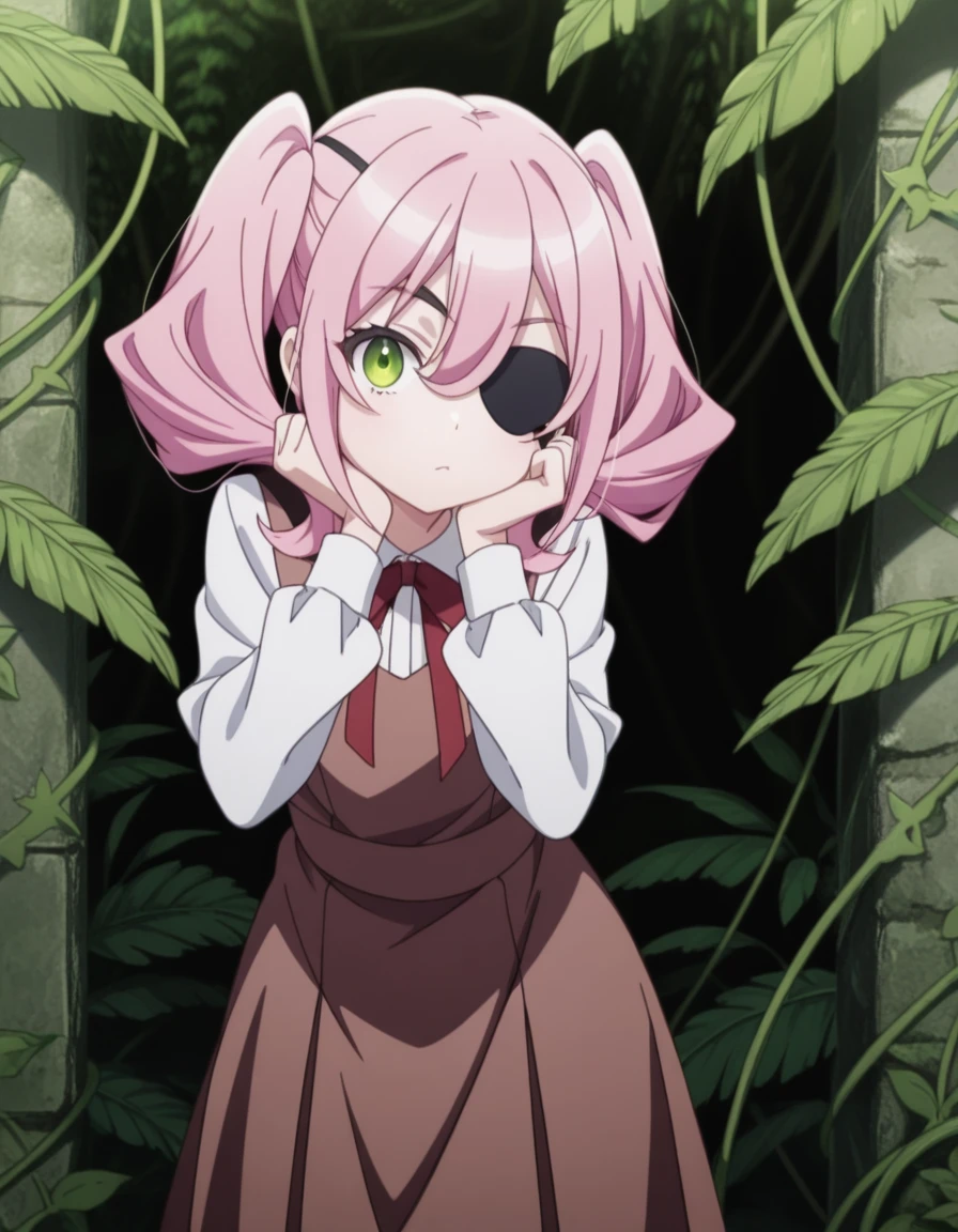 masterpiece, best quality, amazing quality,, <lora:spyroom-annett-s2-illustriousxl-lora-nochekaiser:1>, annett, bangs, hair between eyes, twintails, green eyes, pink hair, eyepatch, anime screencap, shirt, long sleeves, dress, bow, white shirt, collared shirt, red bow, neck ribbon, brown dress, head rest, jungle, dense, wildlife, vines, green, cowboy shot, solo, looking at viewer,