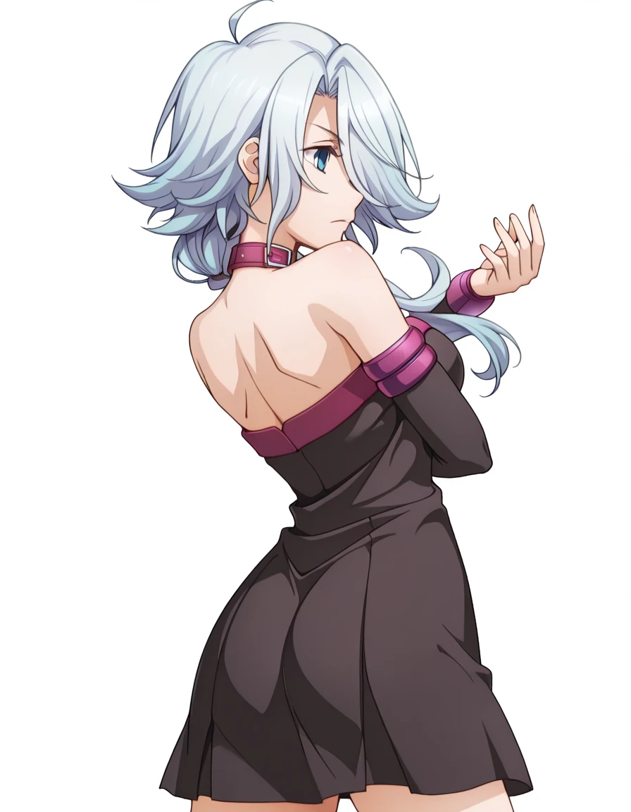 masterpiece, best quality, amazing quality,, <lora:spyroom-monika-s2-illustriousxl-lora-nochekaiser:1>, monika, long hair, blue eyes, ahoge, hair over one eye, hair over shoulder, white hair, blue hair, mature female, medium breasts, anime screencap, <lora:fate-medusa-rider-cosplay-illustriousxl-lora-nochekaiser:1>, fate medusa rider cosplay, medusa (rider) (fate) (cosplay), bare shoulders, belt collar, collar, collarbone, detached sleeves, dress, long sleeves, pleated dress, short dress, strapless, strapless dress, zettai ryouiki,, <lora:dio-brandos-pose-illustriousxl-lora-nochekaiser:1>, dio brandos pose, dio brando's pose (jojo), back, ass, from behind, jojo pose, standing, cowboy shot,, , <lora:transparent-background-illustriousxl-lora-nochekaiser:1>, transparent background, simple background, white background
