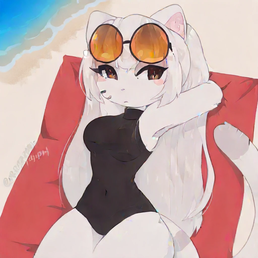 slutty furry girl, 10 years old, White fur, on the beach