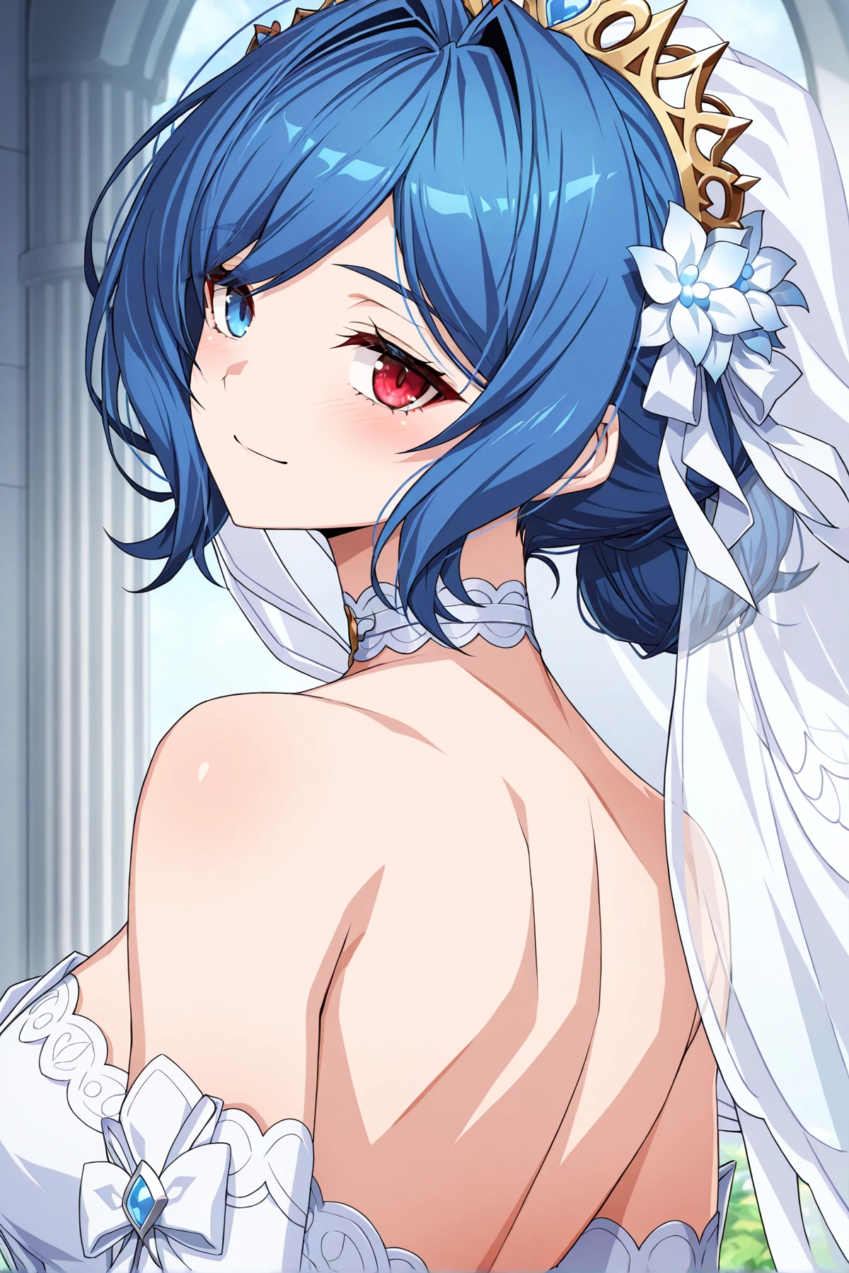 Wanderer smiling softly, hungry eyes, bedroom eyes,  body shot, bedroom, indigo hair, glowing eyes,  bottomless,  cuntboy,  boy with pussy, wet pussy,  in a wedding gown