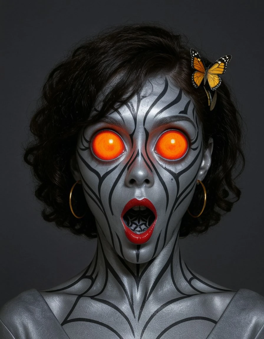 <lora:dmd2_sdxl_4step_lora_fp16:1>
grey background,
fully orange eyeballs,
glowing eyes, (big eyes),
spider skin, zebra spots,
textured silver skin,
(lipstick),
hoop golden earrings,
butterfly hair clips,
curly hair,
<lora:Ultra_Alien_Babe:1>ultraalienbabe, centered,