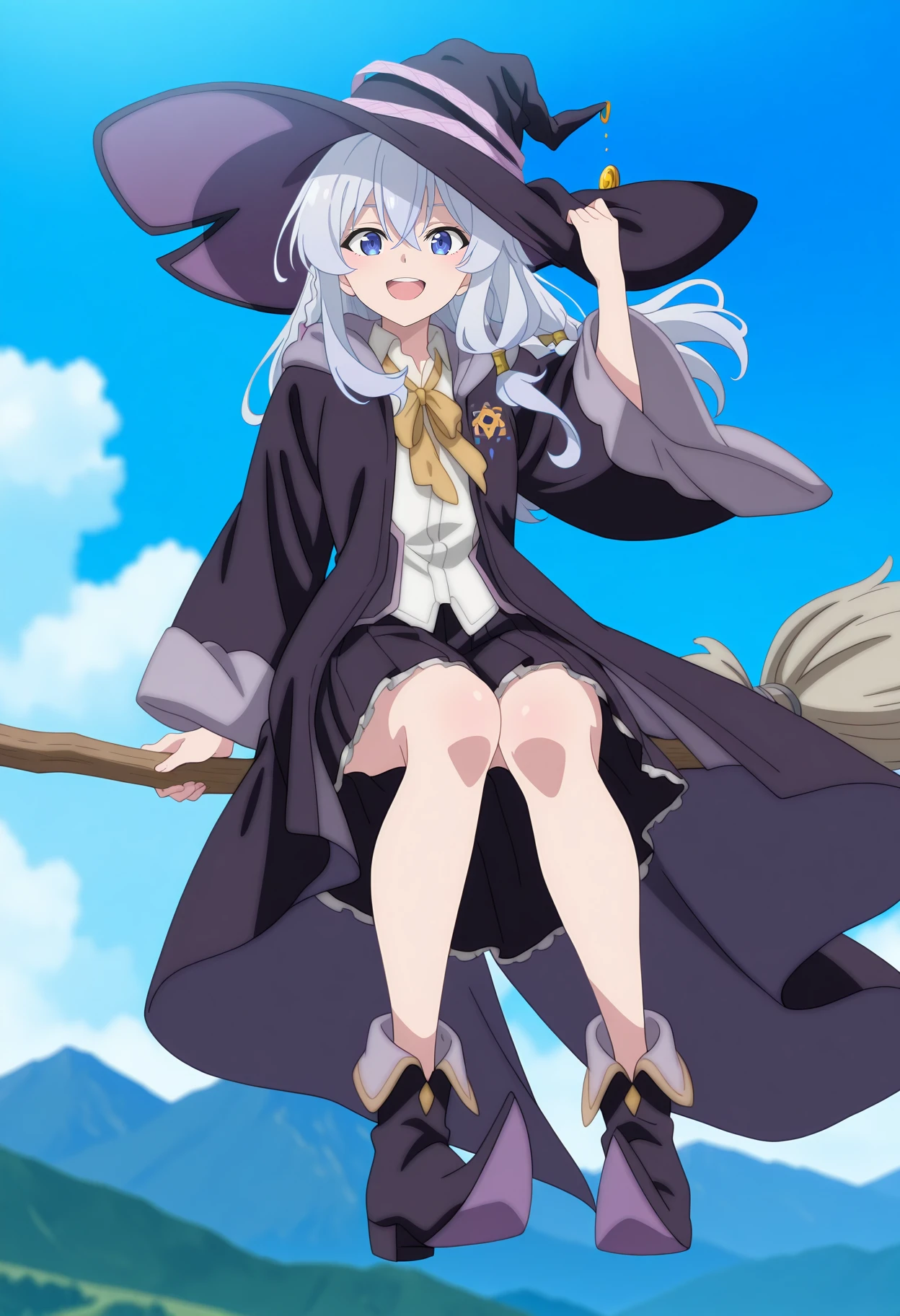 anime screencap, masterpiece, best quality,
<lora:MajoNoTabiTabi_Elaina_IlluXL:0.9>,
1girl, solo, open mouth, light smile, upper teeth only,
crossed bangs, side braid, long hair, grey hair, blue eyes, hair tubes,
witch hat, open robe, hooded robe, black robe, neck ribbon, yellow ribbon, collared shirt, white shirt, wide sleeves, brooch, hexagram,
pleated skirt, frilled skirt, black skirt, pointy footwear,
adjusting headwear, broom riding, looking at viewer, full body, floating hair, midair,
mountainous horizon, scenery, day, blue sky, photo background, blurry background