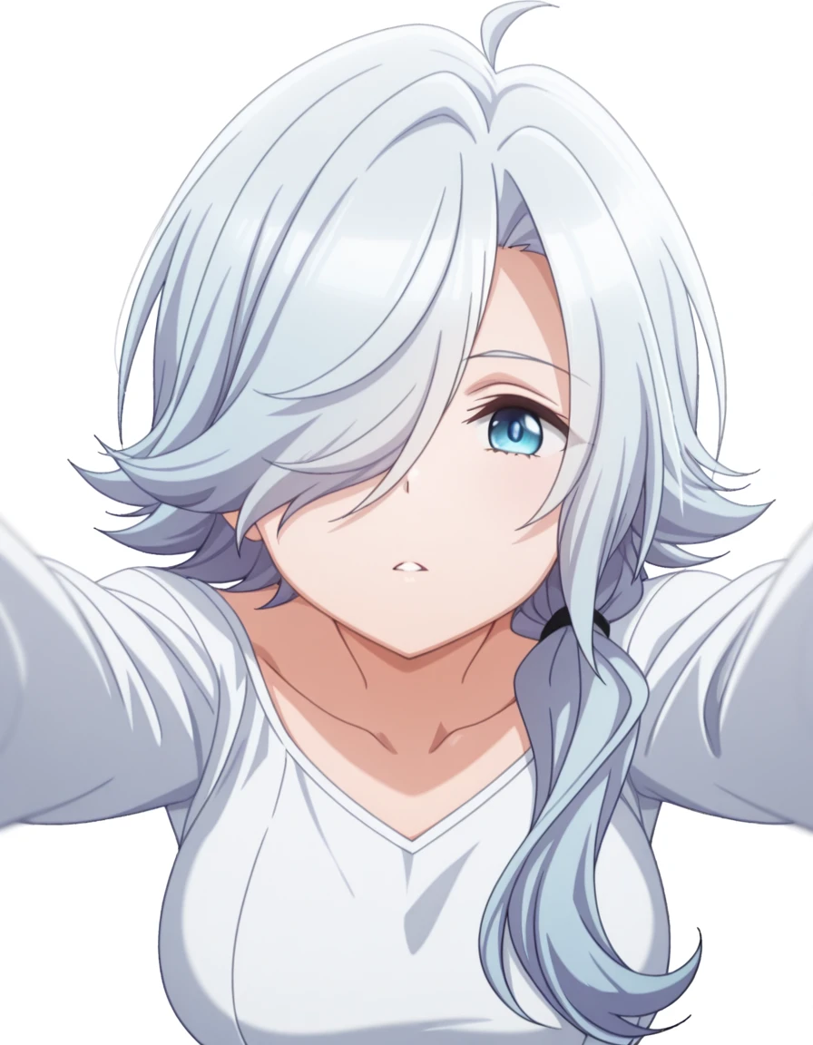 masterpiece, best quality, amazing quality,, <lora:spyroom-monika-s2-illustriousxl-lora-nochekaiser:1>, monika, long hair, blue eyes, ahoge, hair over one eye, hair over shoulder, white hair, blue hair, mature female, medium breasts, anime screencap, on back, arm support, arms up, incoming hug, pov, reaching, reaching towards viewer,, , <lora:transparent-background-illustriousxl-lora-nochekaiser:1>, transparent background, simple background, white background
