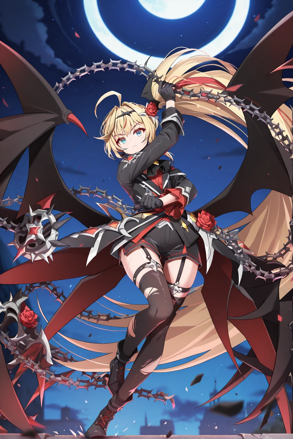 fantasy, 1devil_girl, low_teen, platina_blond_hair,long_bangs,, bare_shoulder, navel out, thighhighs,silver_armor, white_clothes,waist_armor, Glebe, hold_swords, large_breasts, dynamic_flying_pose,Floating, (1pair_bat_wings:1.2),(pelvic_curtain:1.3), silver_Headgear ,looking_down_at_sunrise_city_sky_background,,slightly_spread_legs, some_swords,some_swords_floating_around_the_girl,solo,horn ,smile,,open_legs,open_arms,rise_knee,rise_leg,rise_thigh,rise_leg,forward_leaning_posture,apart_legs,fang