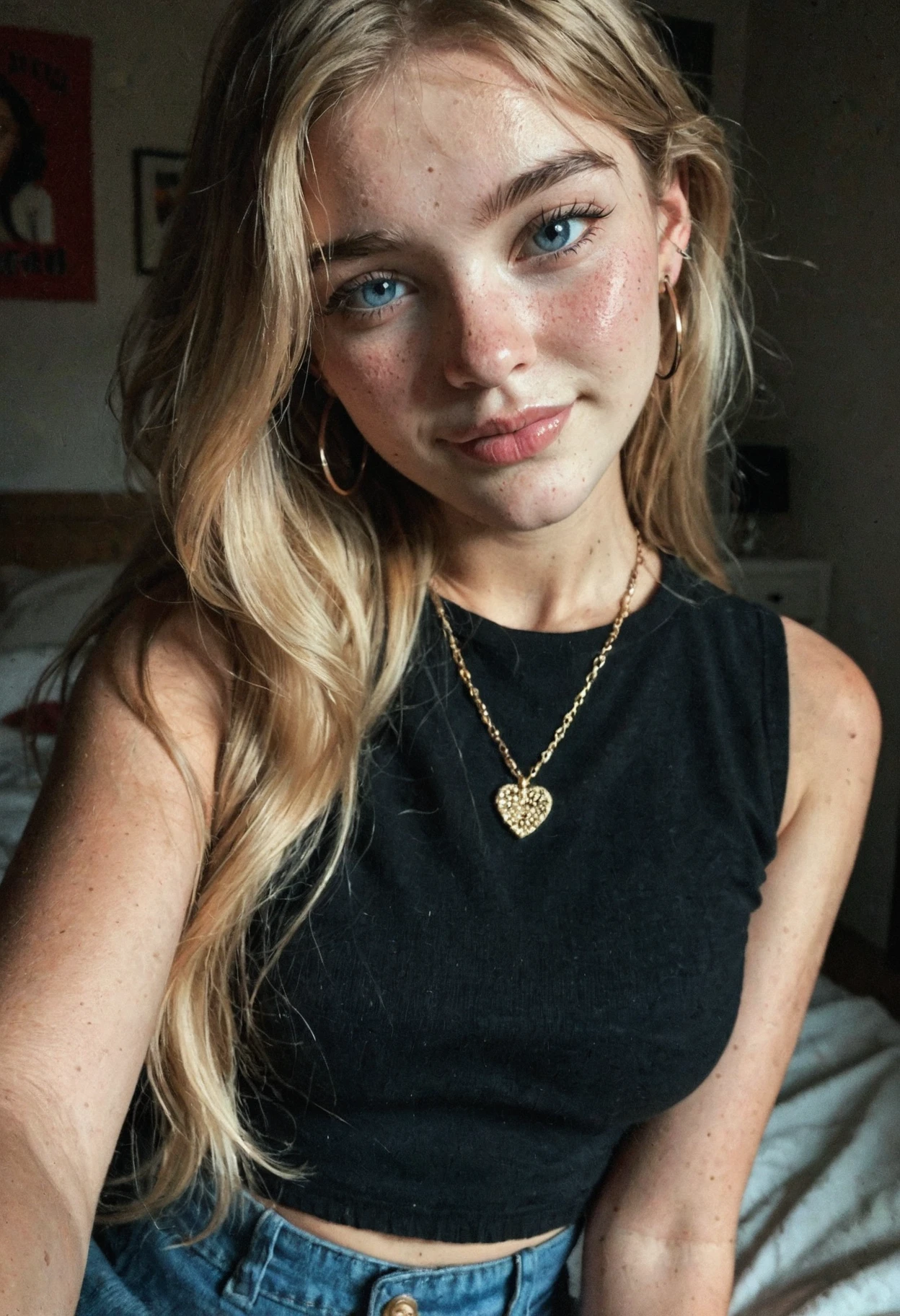 1girl, blonde hair, long hair, hair to one side, bangs, blue eyes, glossy lips, parted lips, soft expression, natural makeup, earrings, hoop earrings, subtle smirk, dimples, sleeveless shirt, black shirt, skirt, warm lighting, casual, selfie, looking at viewer, jewelry, necklace, soft skin, cheek blush, cute girl, aesthetic room, intimate setting, realistic, masterpiece, best quality, highres,
<lora:puffy_tits_PONY_v1:2.46>
<lora:amateur_style_v1_ILXL:0.8>
<lora:Dramatic Lighting Slider:0>
<lora:ILXL_Realism_Slider_V.1:1.8>
<lora:RealSkin_xxXL_v1:1.2>
<lora:RawCam_250_v1:5>