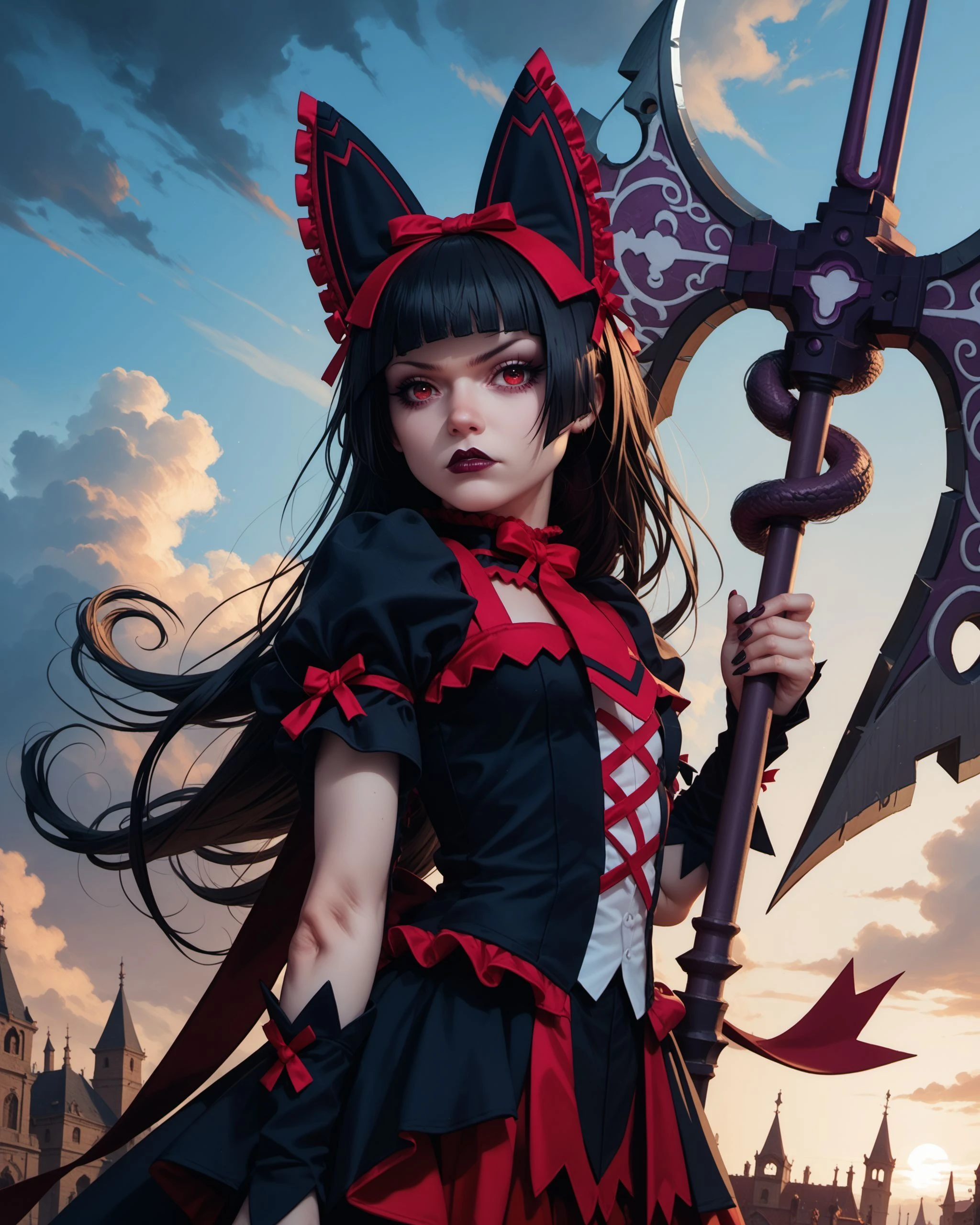 Neo-Baroque, rory mercury, halberd raised to stormy sky, billowing cape, atop gothic spire, dramatic godrays, heroic epic scene 1girl, 
score_9, score_8_up, score_7_up, score_6_up,
<lora:Rory Mercury_ponyV1:0.9>,