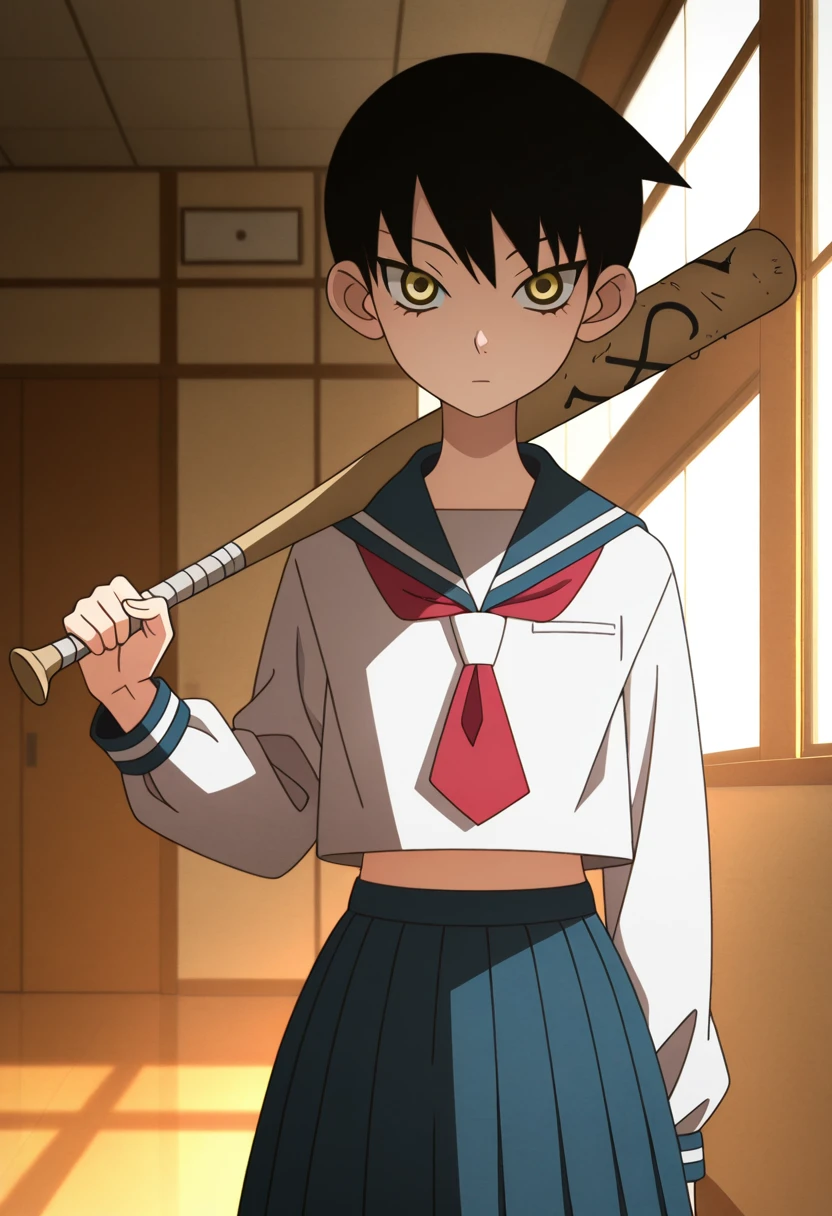 masterpiece, best quality, amazing quality, absurdres, 1girl, solo, cowboy shot, kumeta kouji \(style\), mayoww, yellow eyes, black hair, short hair, tsurime, school uniform, serafuku, blue sailor collar, red neckerchief, long sleeves, midriff, blue pleated skirt, baseball bat, holding baseball bat, looking at viewer, expressionless, indoors, day, skindentation, detailed clothing folds, depth of field, sharp, high contrast, dynamic light <lora:Mitama_Mayo_Sayonara_Zetsubou_Sensei_ill:0.9>