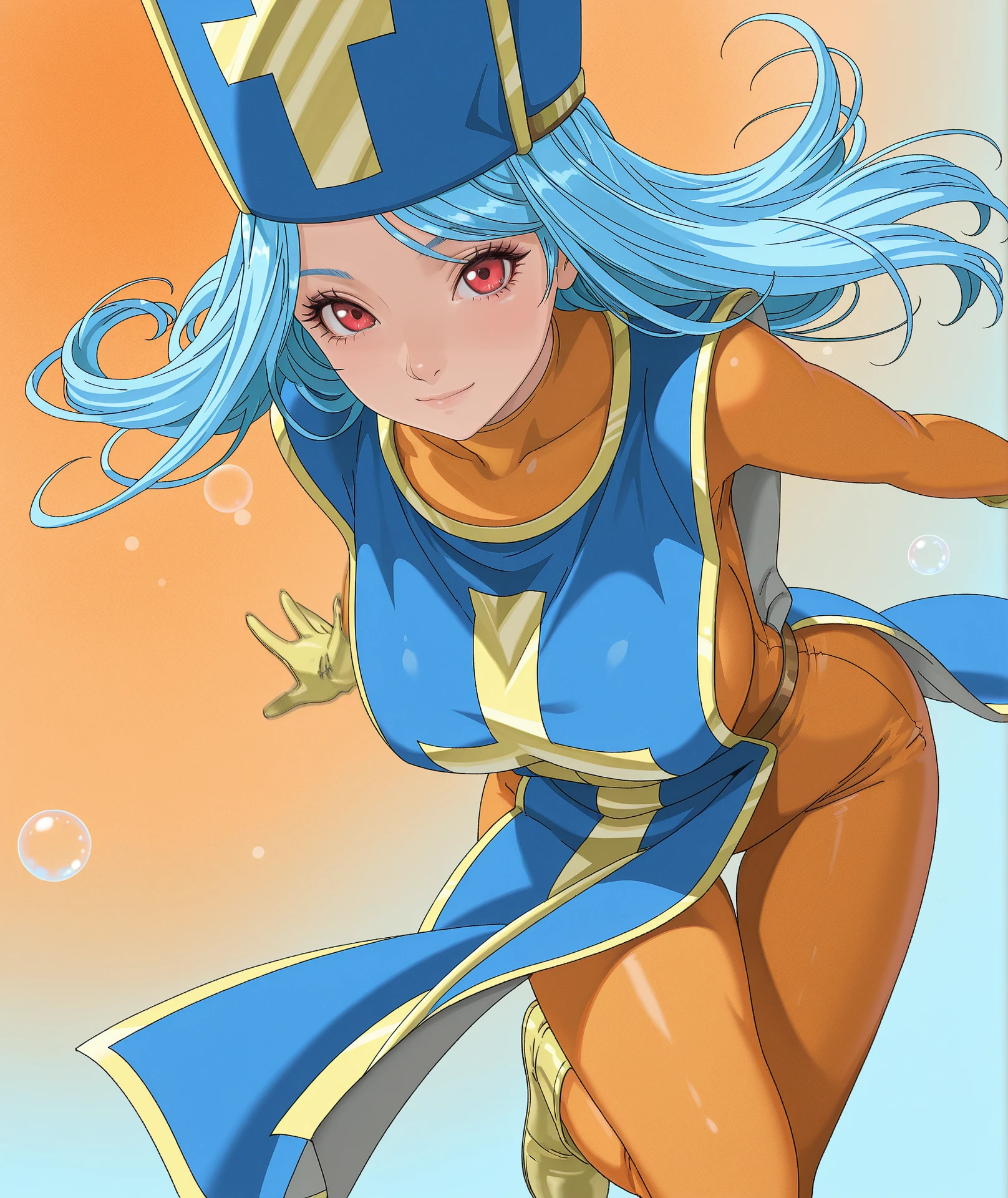 Slave girl crying in hell、Light blue costume、Light blue and green flame