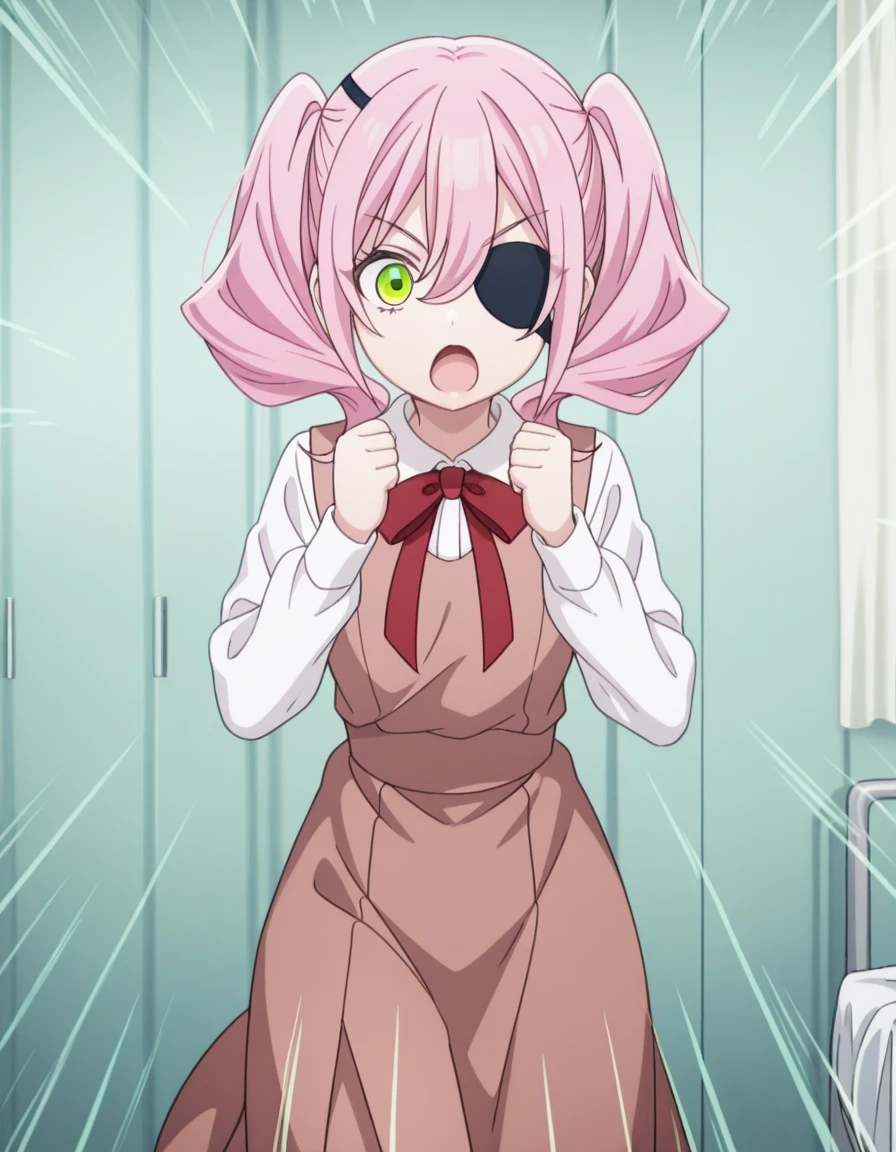 masterpiece, best quality, amazing quality,, <lora:spyroom-annett-s2-illustriousxl-lora-nochekaiser:1>, annett, bangs, hair between eyes, twintails, green eyes, pink hair, eyepatch, anime screencap, shirt, long sleeves, dress, bow, white shirt, collared shirt, red bow, neck ribbon, brown dress, <lora:kamen-rider-kick-illustriousxl-lora-nochekaiser:1>, kamen rider kick, looking at viewer, open mouth, kicking, flying kick, motion lines, motion, hands up, clenched fist,, hospital room, bedside, get well flowers, comforting, quiet, cowboy shot, solo, looking at viewer,