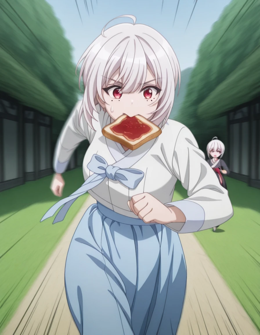 masterpiece, best quality, amazing quality,, <lora:spyroom-sibylla-s2-illustriousxl-lora-nochekaiser:1>, sibylla, short hair, bangs, red eyes, hair between eyes, ahoge, mole, mole under eye, white hair, mature female, medium breasts, anime screencap, <lora:hanbok-illustriousxl-lora-nochekaiser:1>, hanbok, korean clothes,, <lora:food-in-mouth-running-illustriousxl-lora-nochekaiser:1>, food in mouth running, food in mouth, running, bread, bread slice, food, toast in mouth, toast, sweatdrop, motion lines, motion blur, outdoors, feet out of frame, straight-on, ,