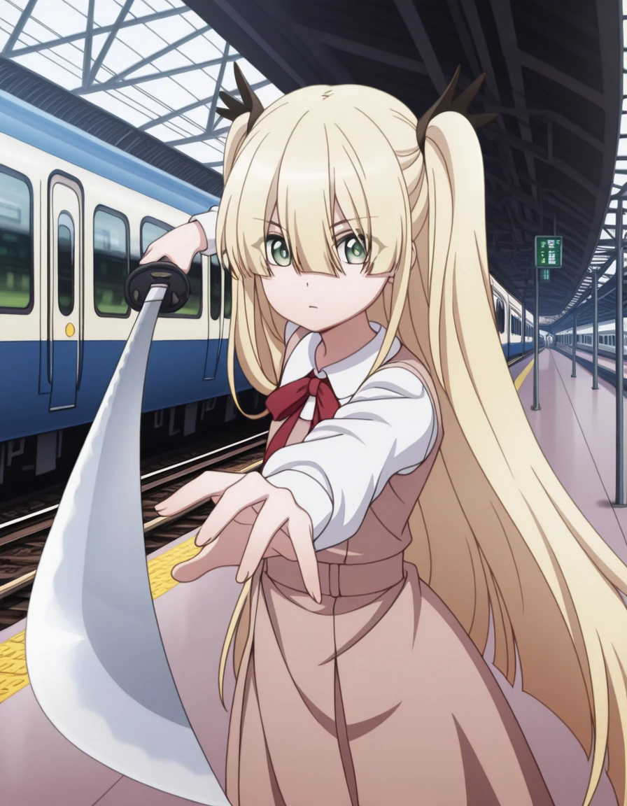 masterpiece, best quality, amazing quality,, <lora:spyroom-erna-s2-illustriousxl-lora-nochekaiser:1>, erna, long hair, bangs, blonde hair, hair between eyes, twintails, very long hair, green eyes, hair ribbon, blunt bangs, two side up, anime screencap, shirt, long sleeves, dress, bow, white shirt, collared shirt, red bow, neck ribbon, brown dress, <lora:gatotsu-stance-illustriousxl-lora-nochekaiser:1>, gatotsu stance, weapon, sword, katana, holding weapon, holding, holding sword, foreshortening,, train station, trains, platform, passengers, travel, cowboy shot, solo, looking at viewer,